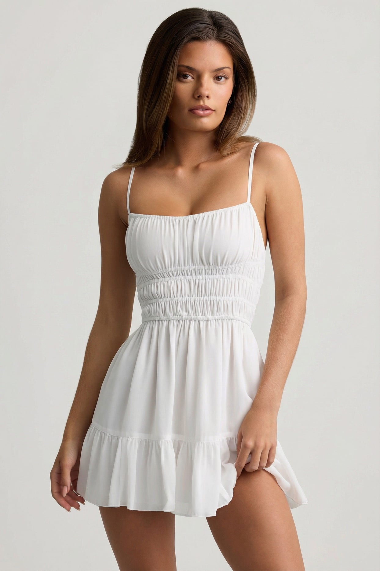 Shirred Camisole Mini Dress in White - 1