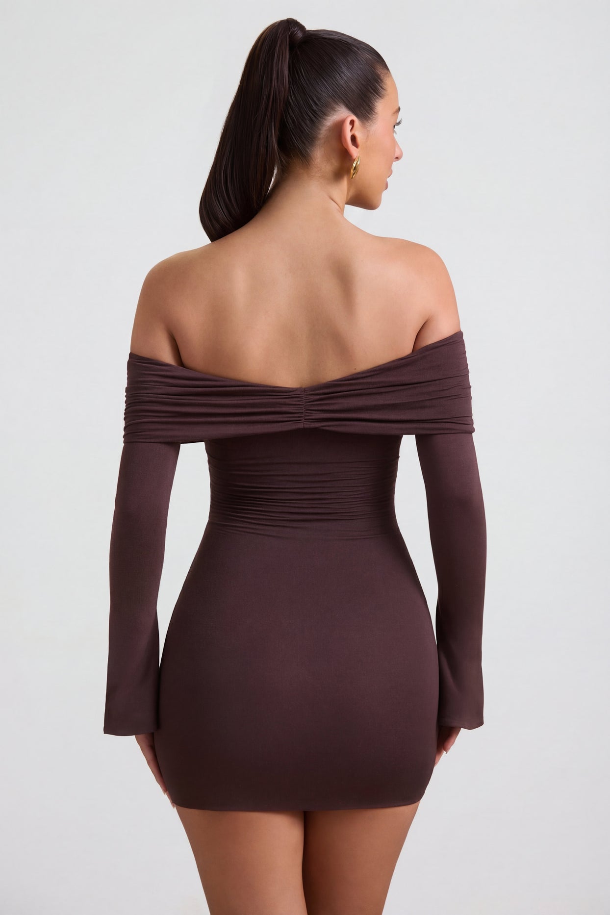 Modal-Cashmere Blend Off-Shoulder Ruched Mini Dress in Espresso - 2