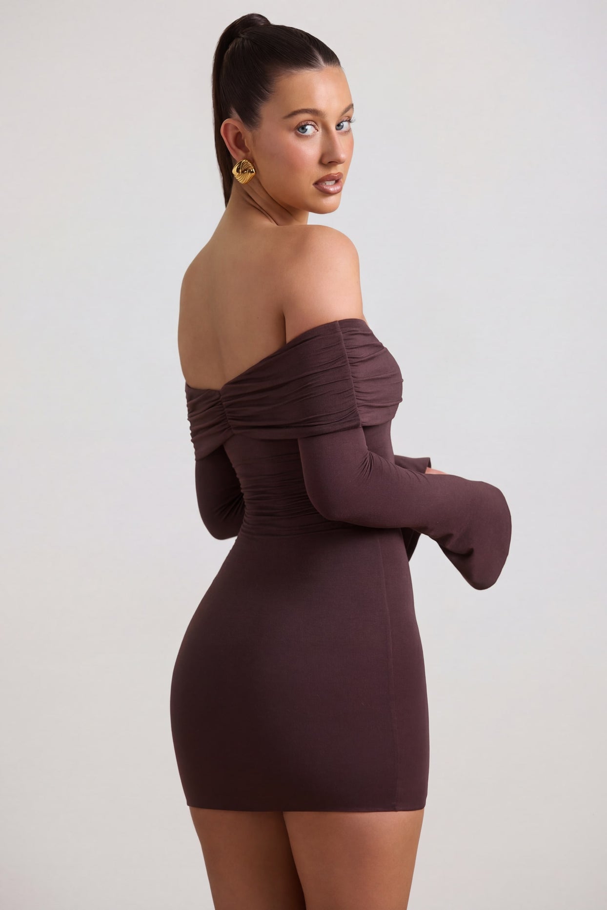 Modal-Cashmere Blend Off-Shoulder Ruched Mini Dress in Espresso - 6