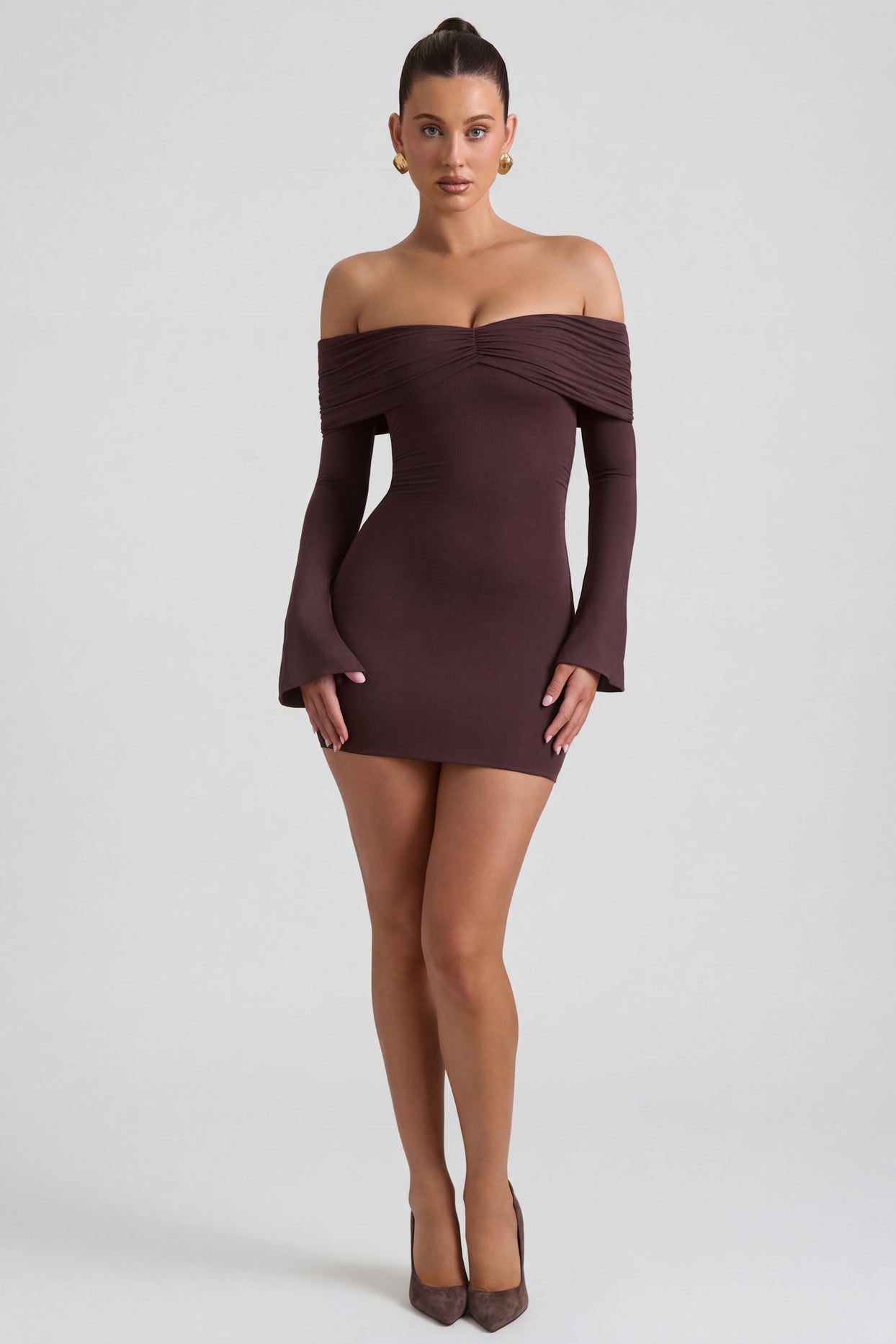 Modal-Cashmere Blend Off-Shoulder Ruched Mini Dress in Espresso - 1