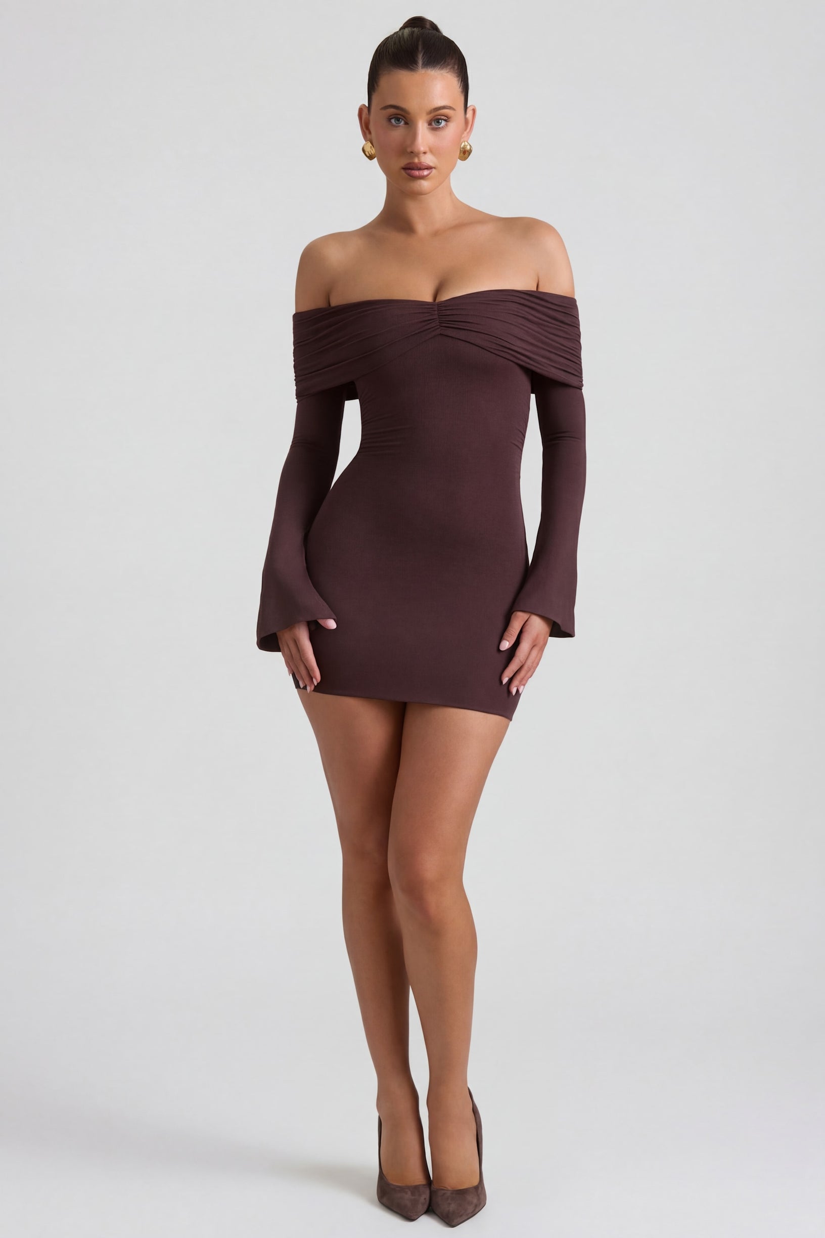 Modal-Cashmere Blend Off-Shoulder Ruched Mini Dress in Espresso - 1