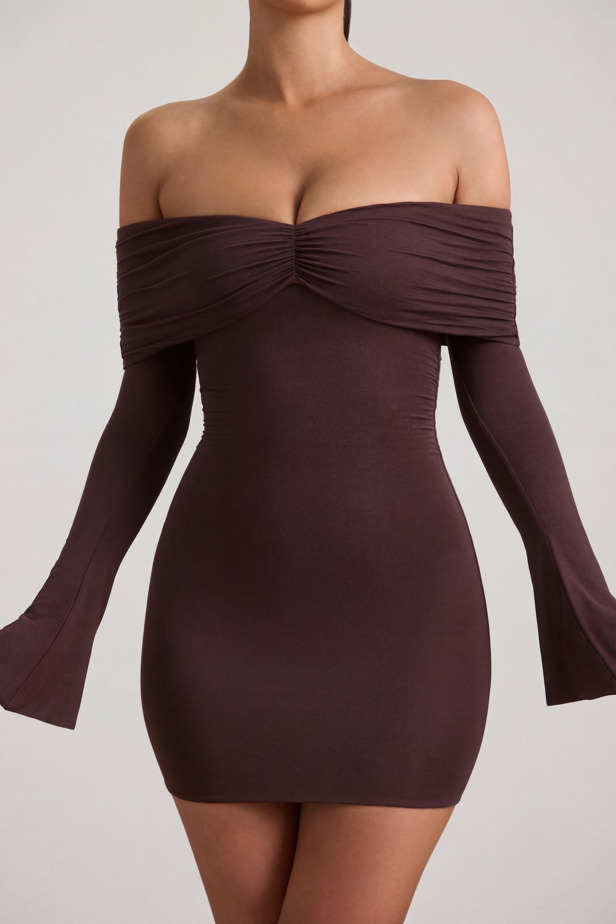 Modal-Cashmere Blend Off-Shoulder Ruched Mini Dress in Espresso - 4