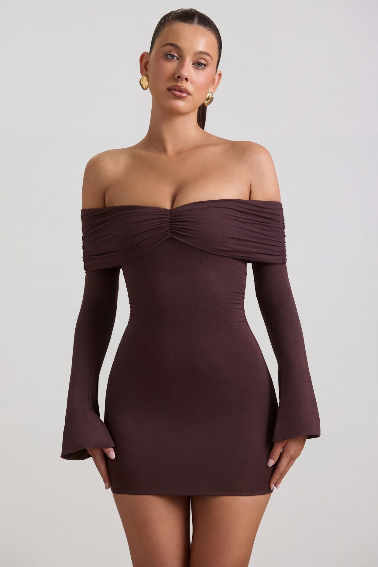 Modal-Cashmere Blend Off-Shoulder Ruched Mini Dress in Espresso - 5