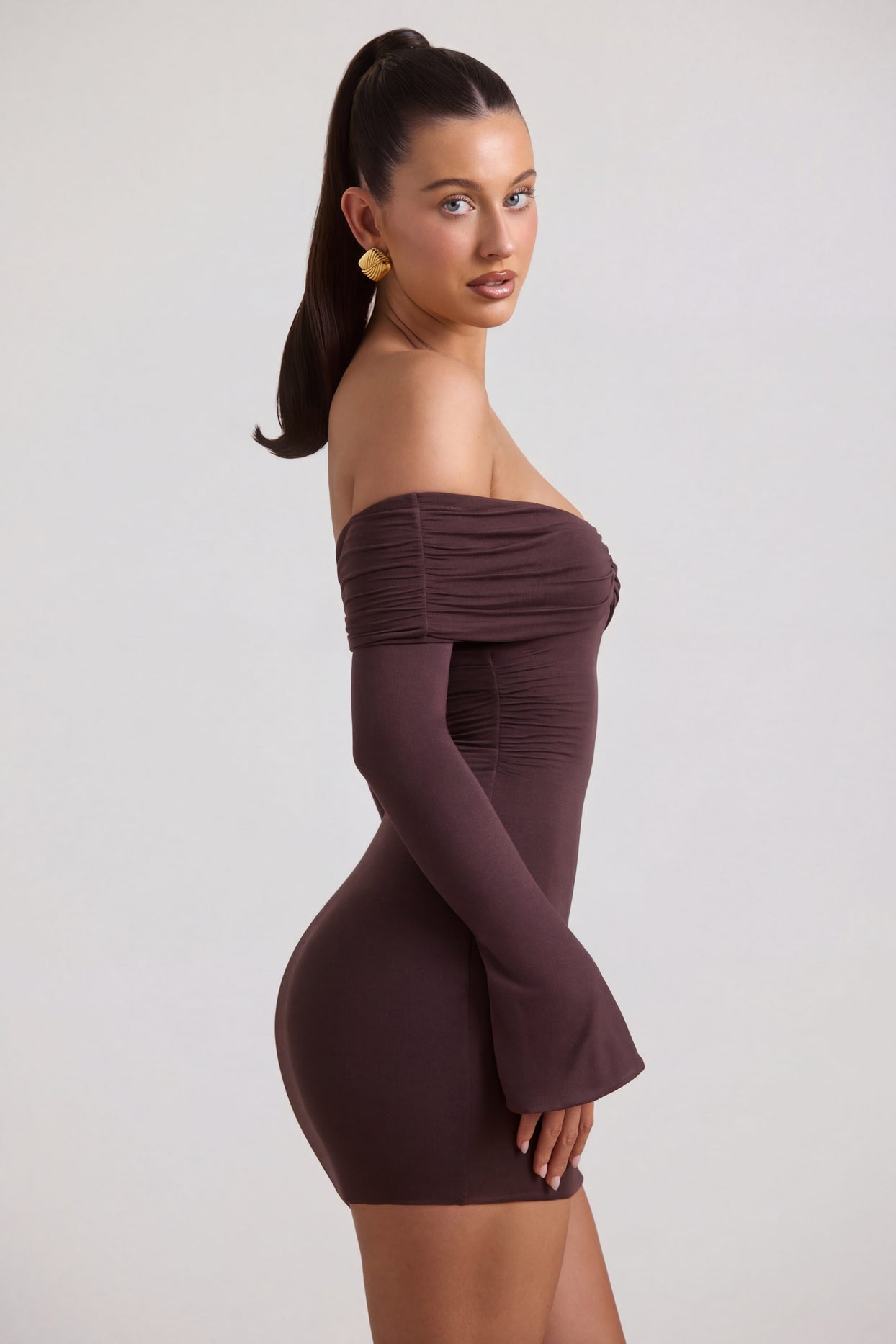 Modal-Cashmere Blend Off-Shoulder Ruched Mini Dress in Espresso - 3