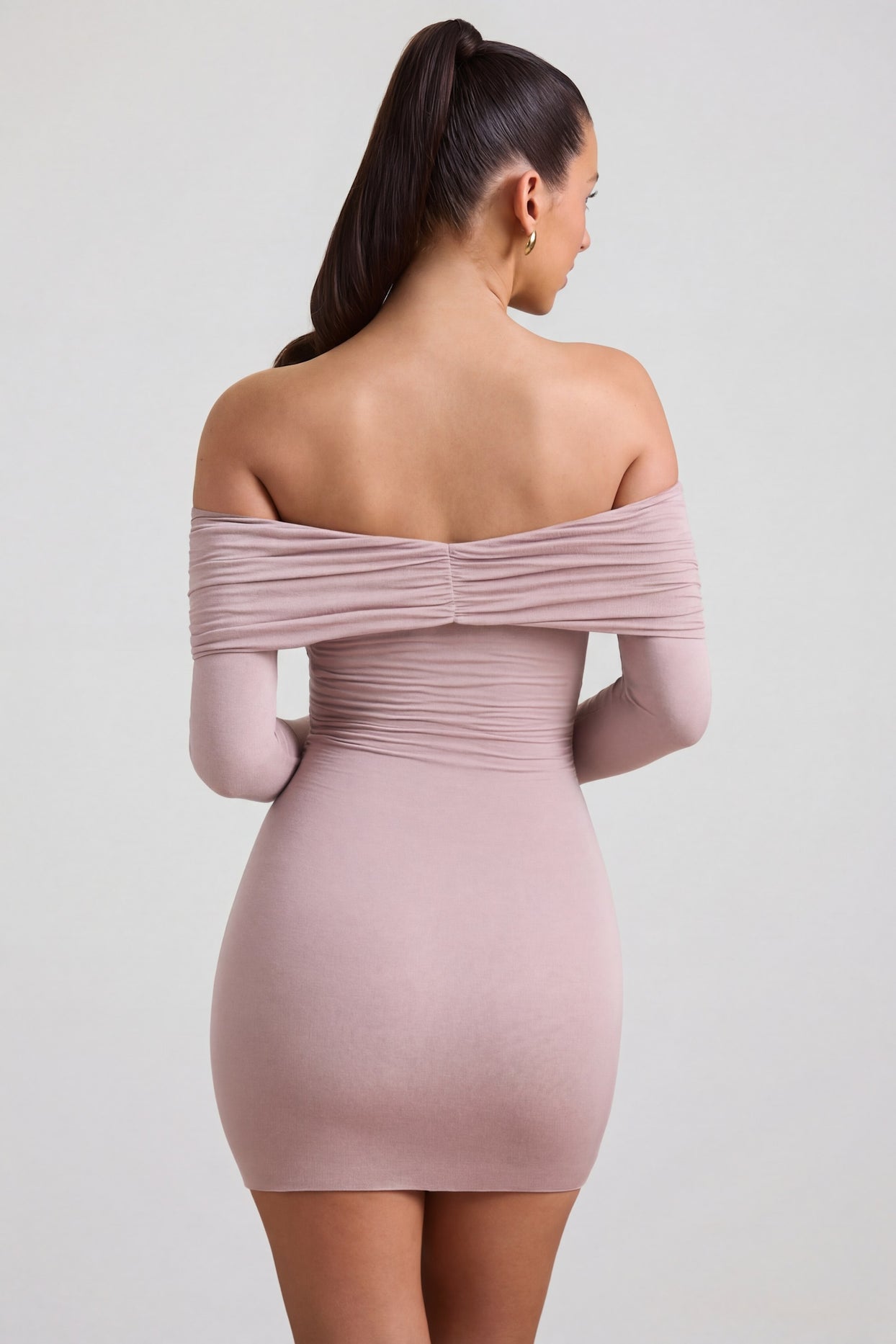 Modal-Cashmere Blend Off-Shoulder Ruched Mini Dress in Taupe - 2