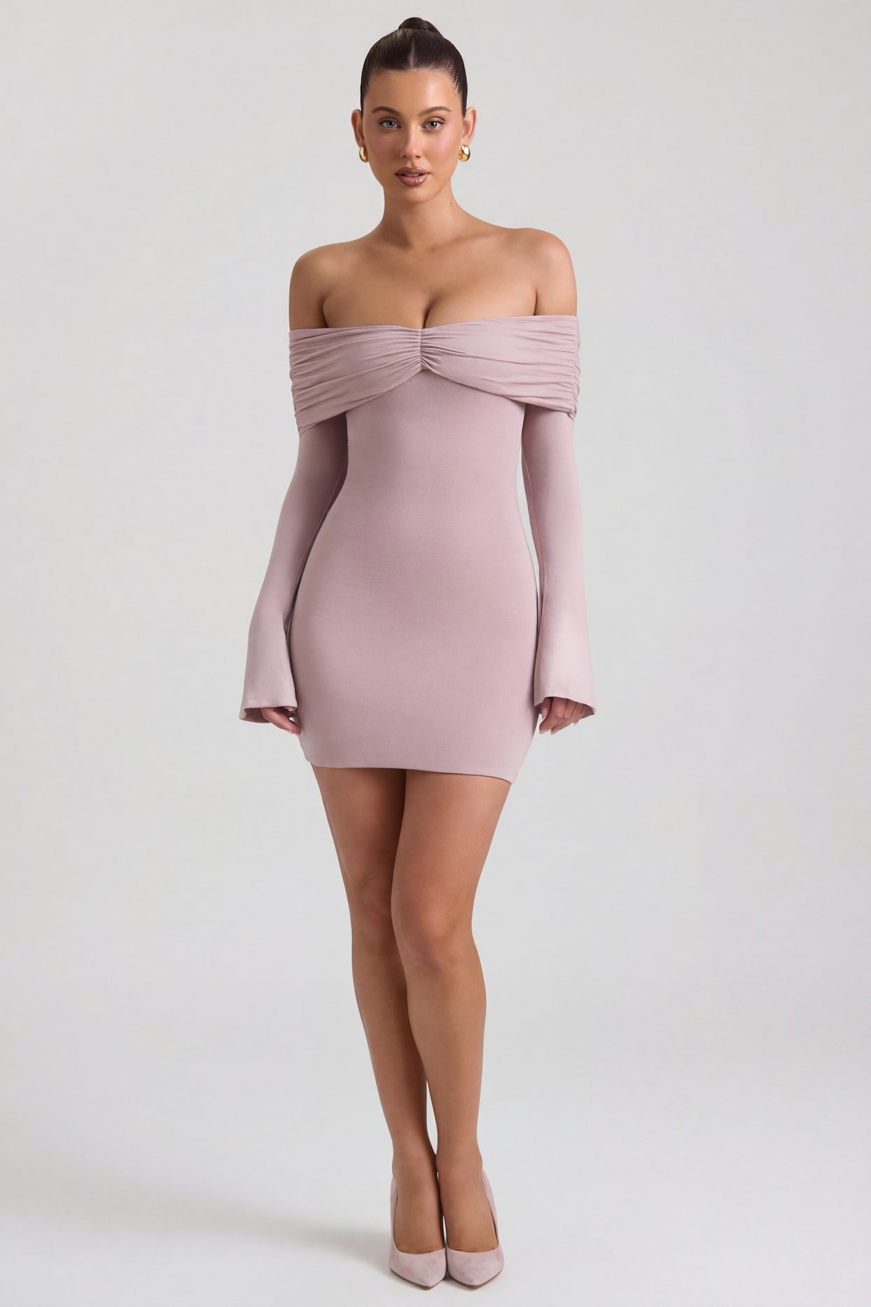 Modal-Cashmere Blend Off-Shoulder Ruched Mini Dress in Taupe - 6