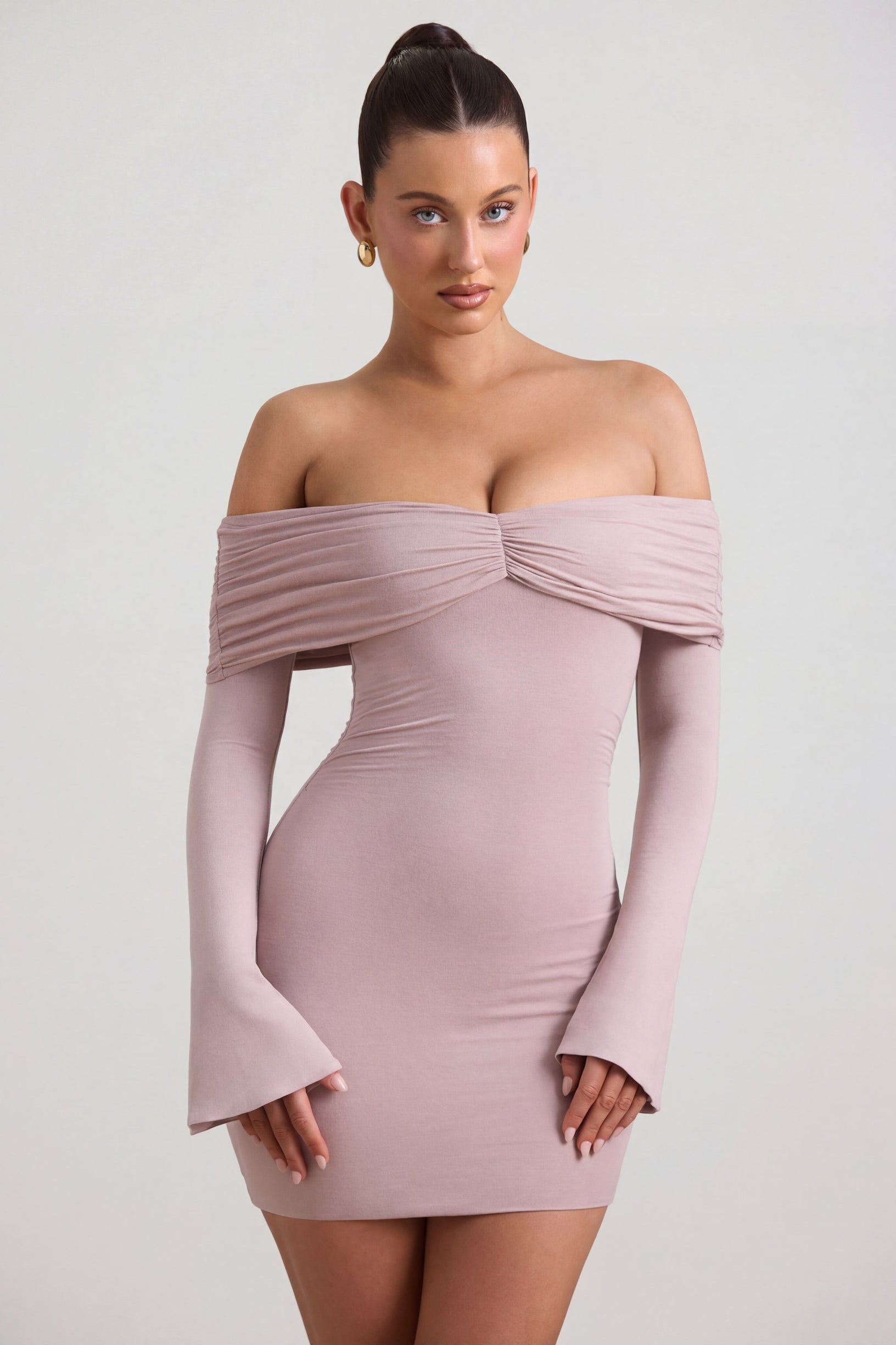 Modal-Cashmere Blend Off-Shoulder Ruched Mini Dress in Taupe - 1