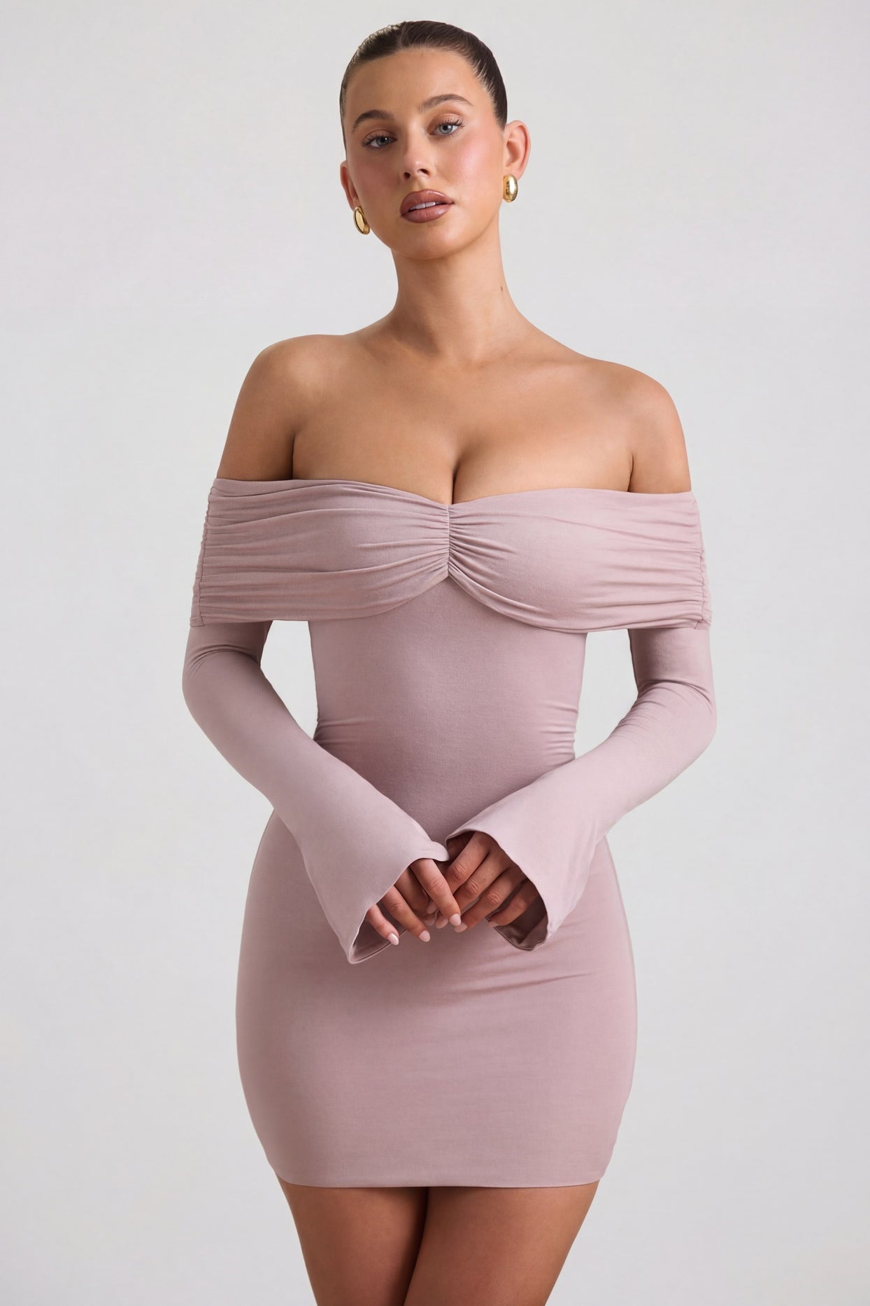 Modal-Cashmere Blend Off-Shoulder Ruched Mini Dress in Taupe - 7