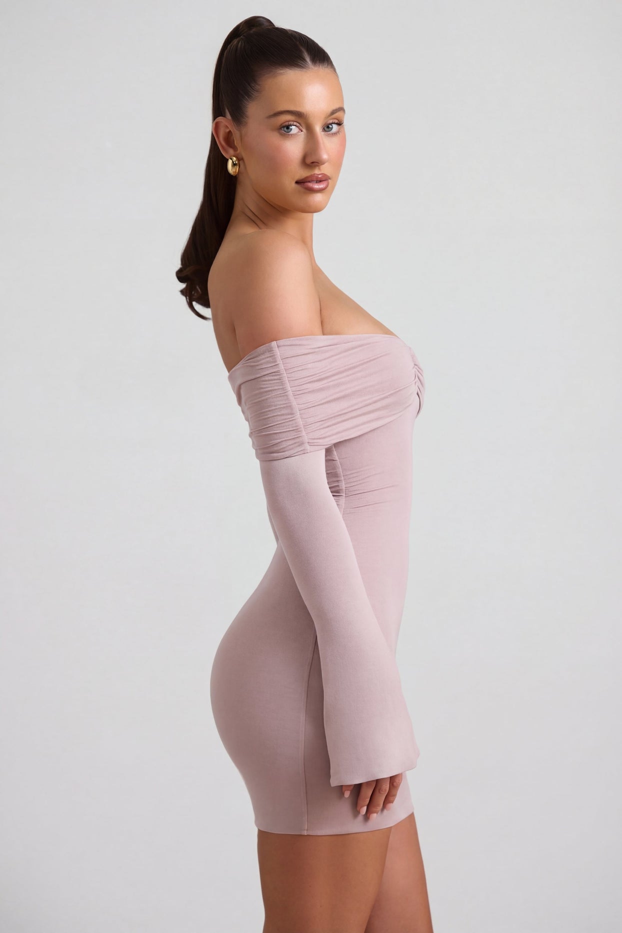 Modal-Cashmere Blend Off-Shoulder Ruched Mini Dress in Taupe - 3