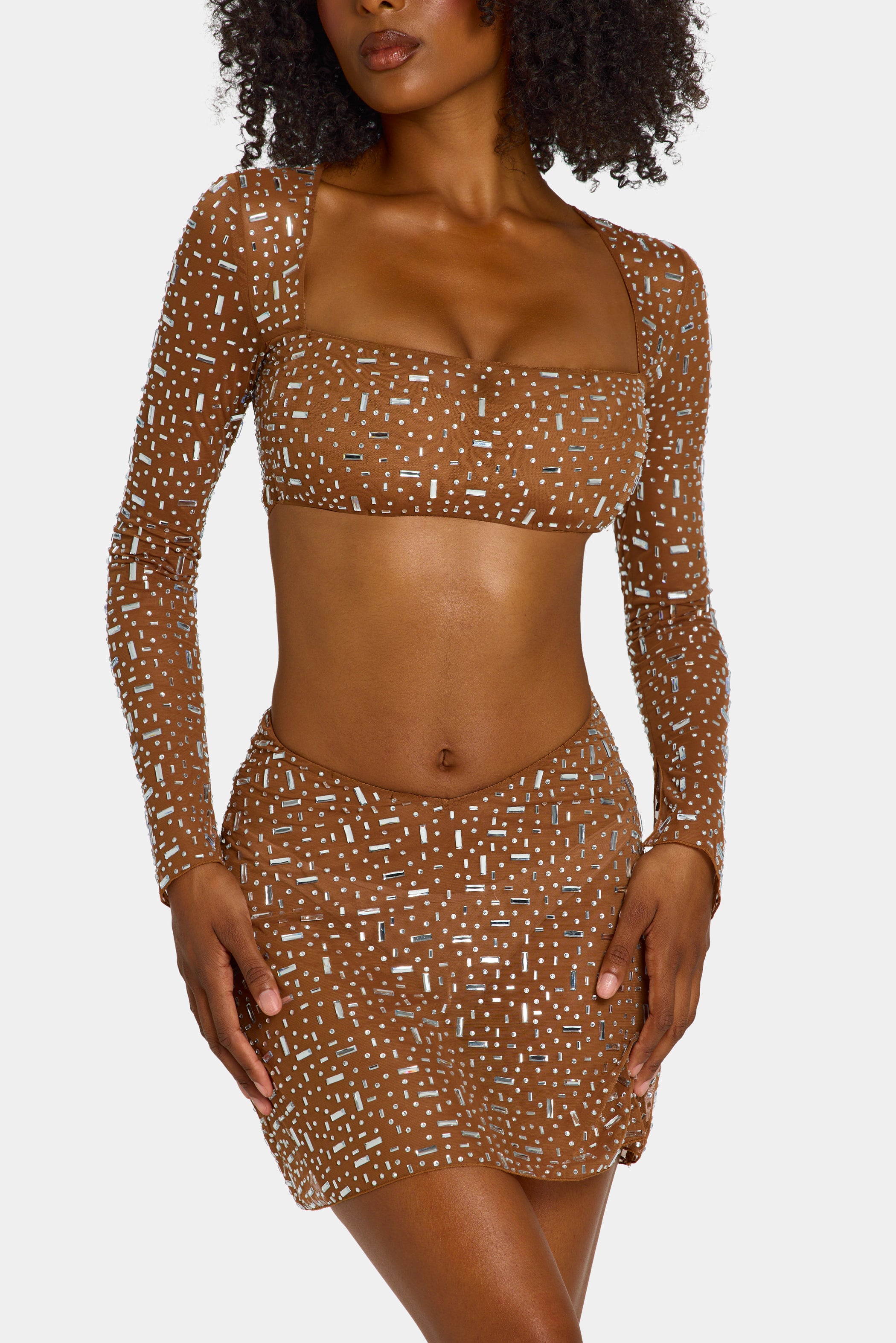 Sheer Embellished V Waist Mini Skirt in Mocha