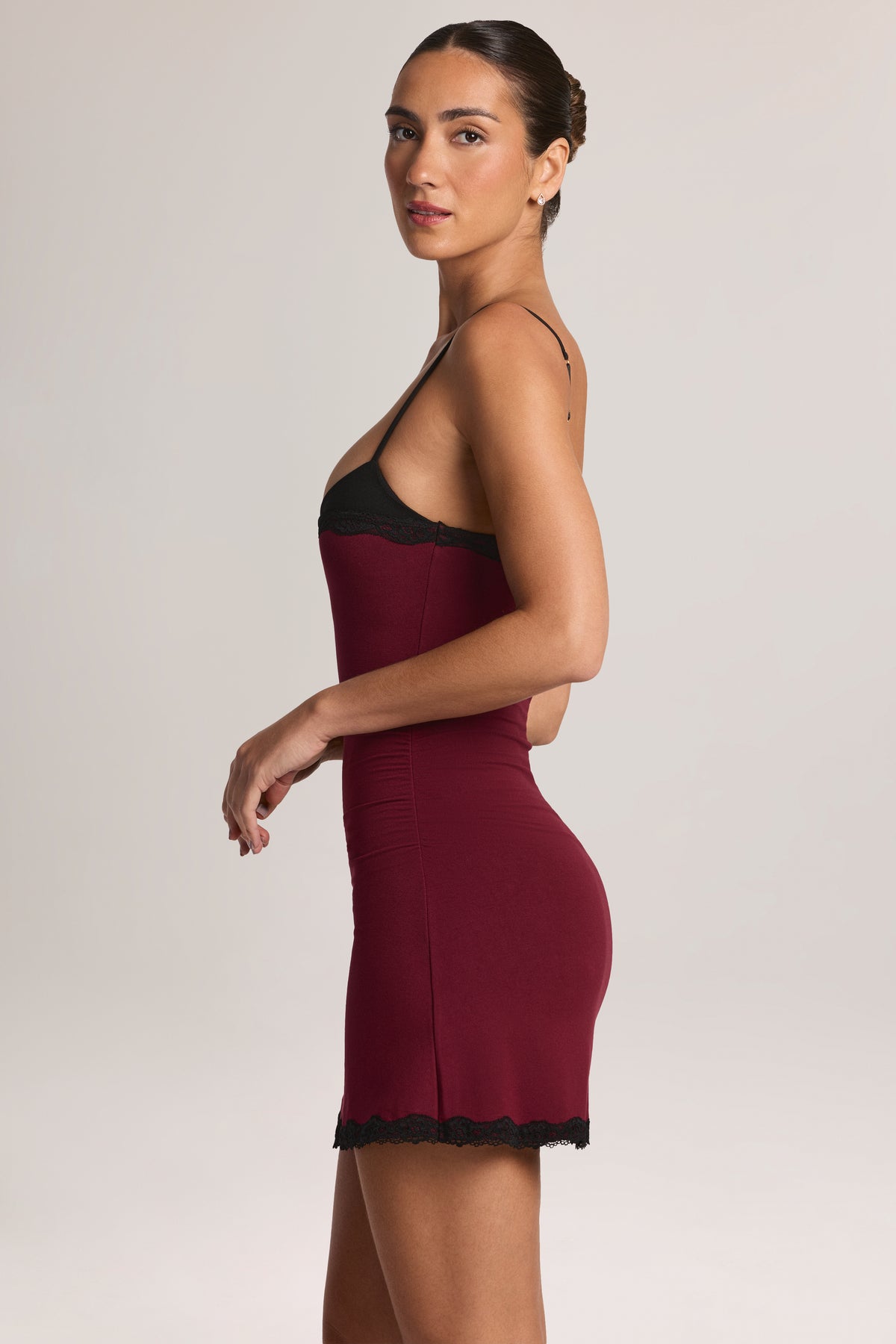 Modal Lace-Trim Peekaboo Mini Dress in Wine