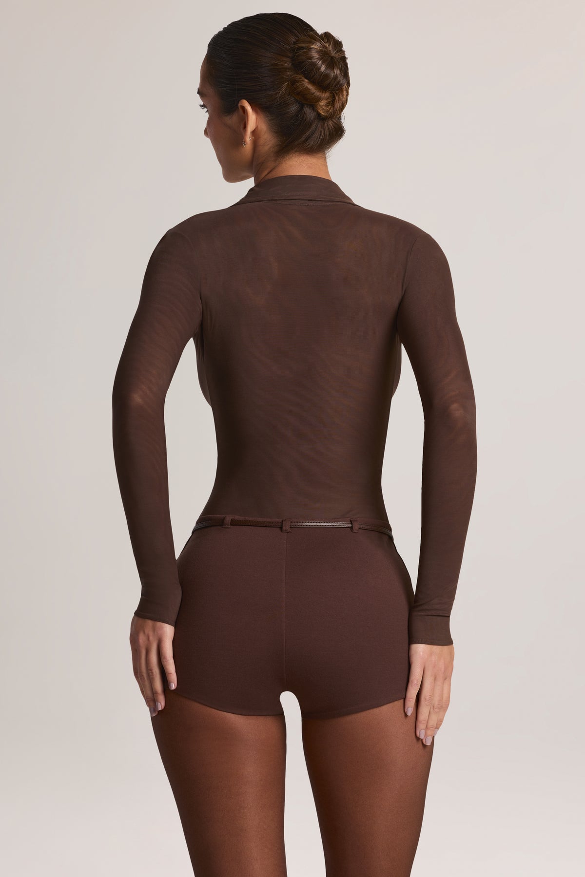 Button Front Long-Sleeve Romper in Chocolate Brown