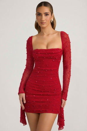 Embellished Cowl-Neck Draped Mini Dress in True Red