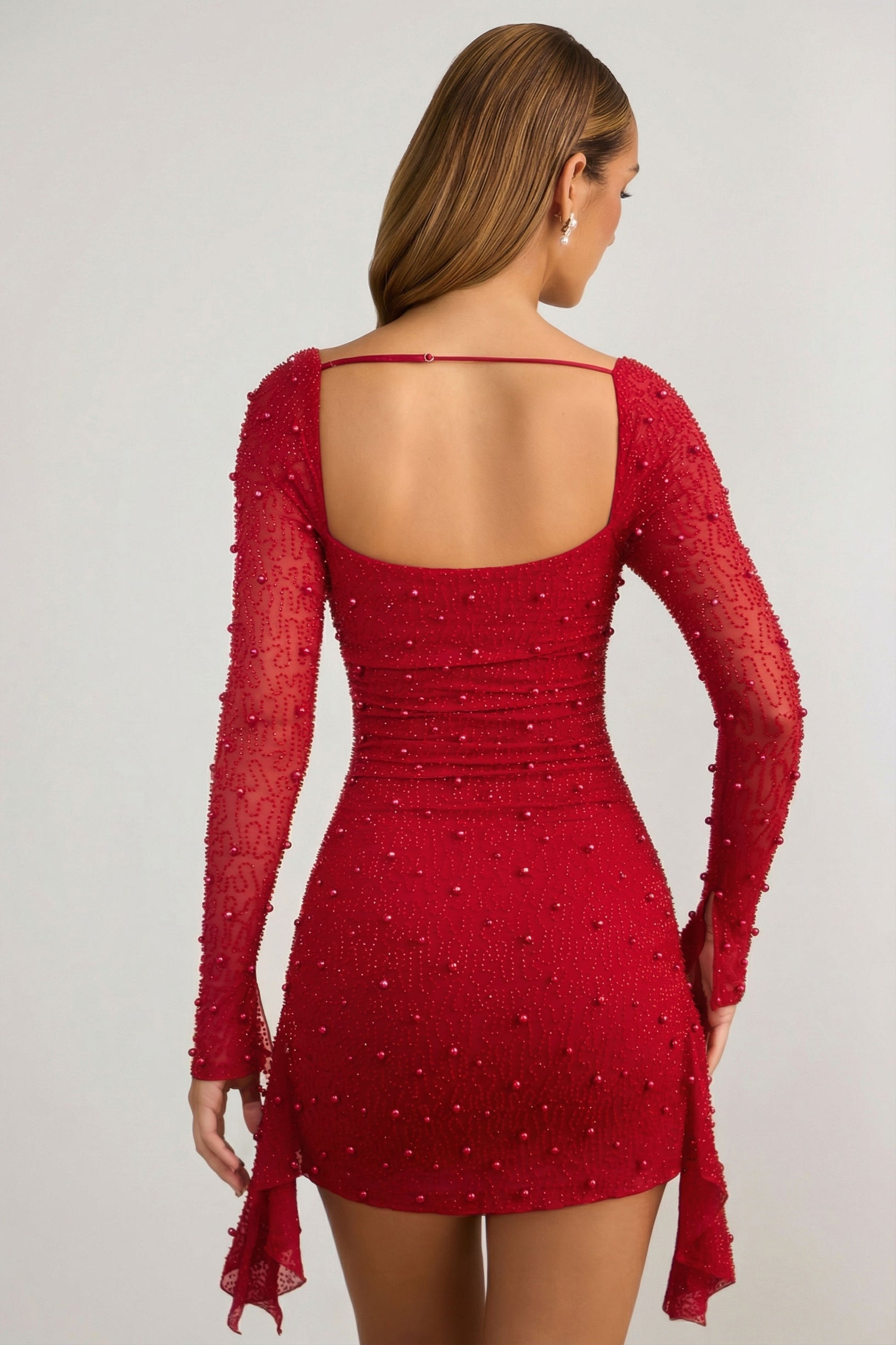Embellished Cowl-Neck Draped Mini Dress in True Red - 2