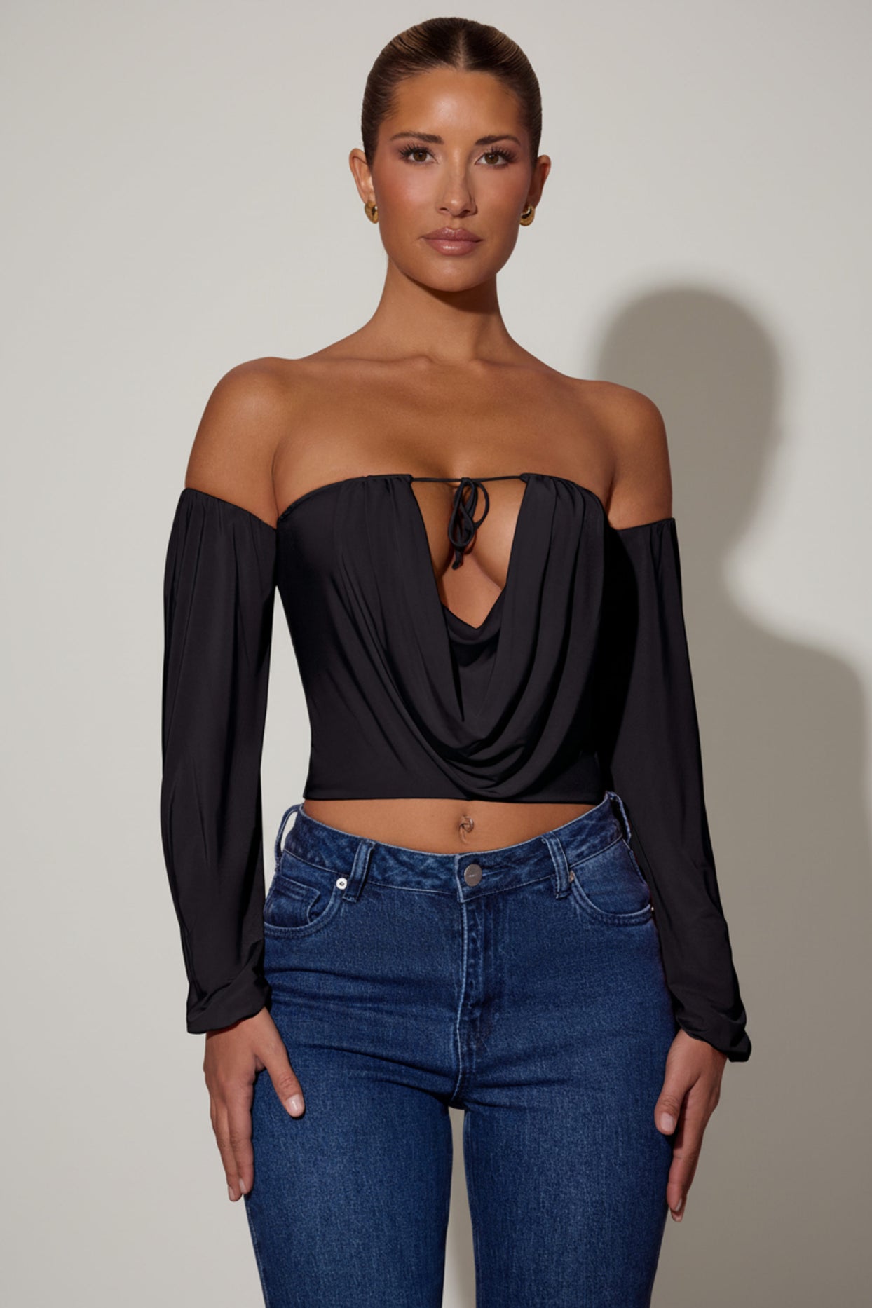 Off-Shoulder Draped Balloon-Sleeve Top in Black - 1