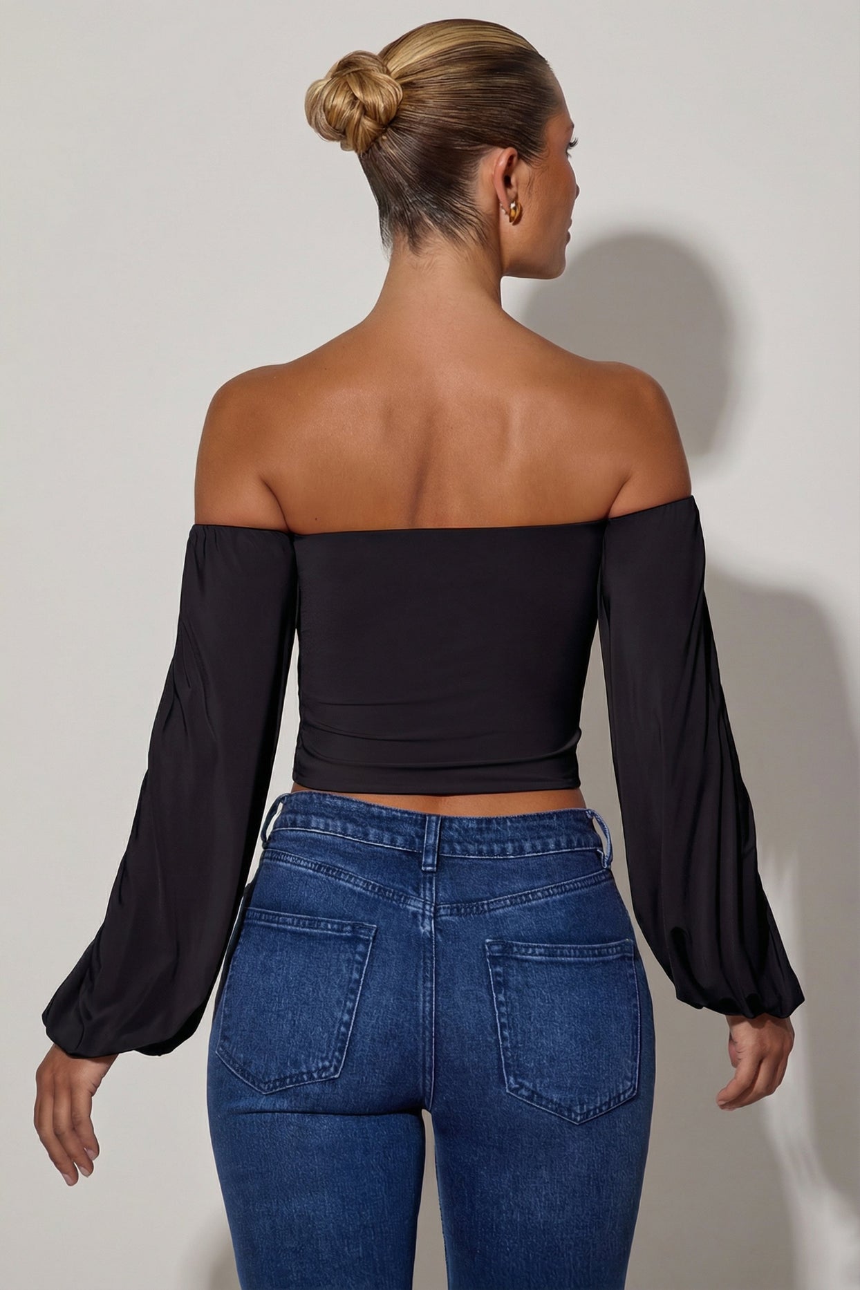 Off-Shoulder Draped Balloon-Sleeve Top in Black - 2