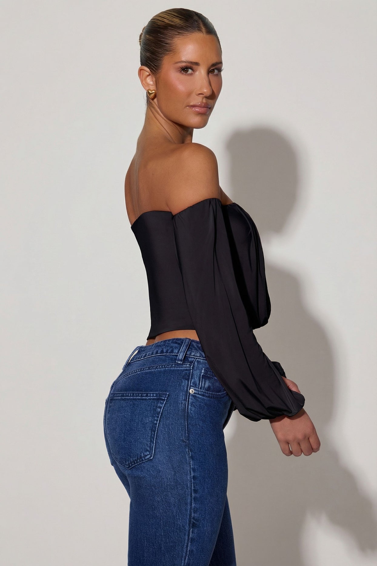 Off-Shoulder Draped Balloon-Sleeve Top in Black - 3