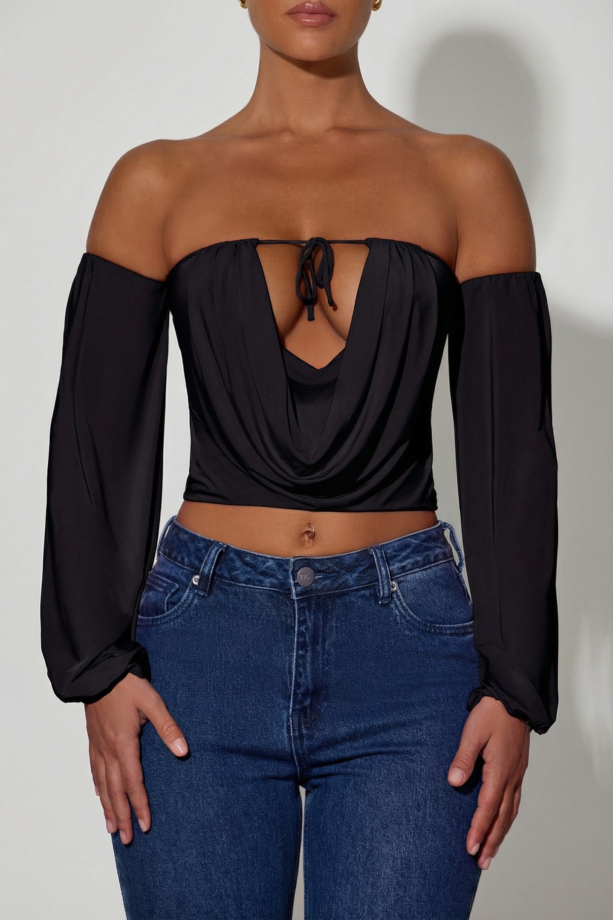 Off-Shoulder Draped Balloon-Sleeve Top in Black - 4
