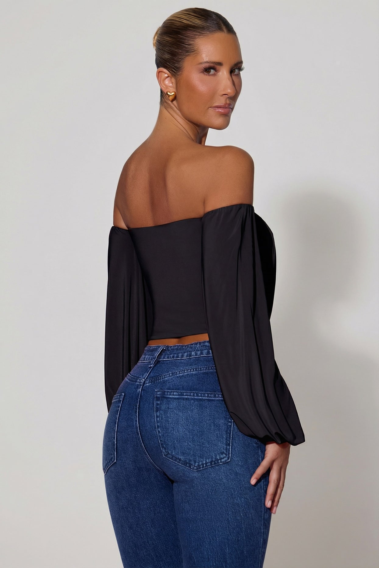 Off-Shoulder Draped Balloon-Sleeve Top in Black - 5