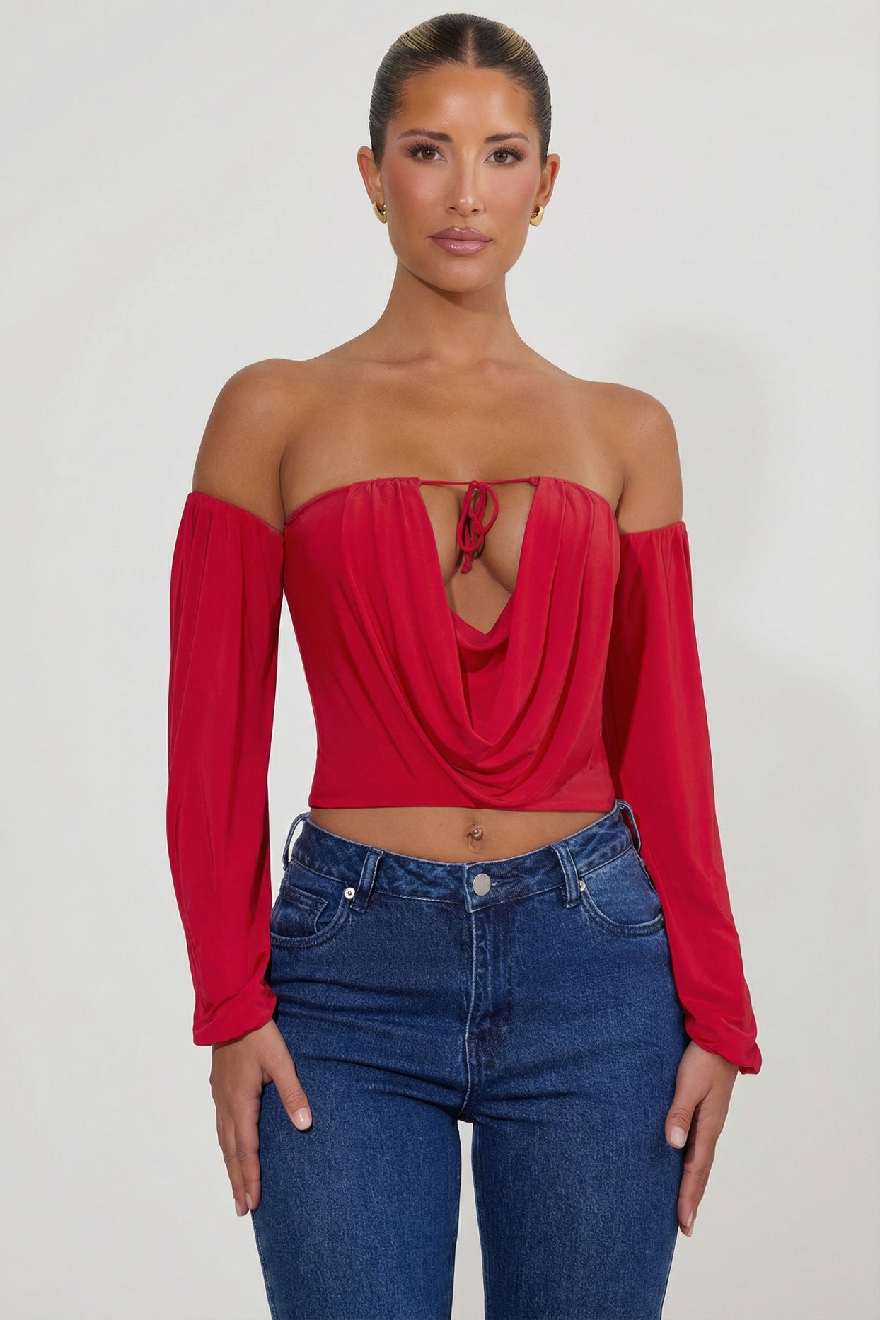Off-Shoulder Draped Balloon-Sleeve Top in Red - 6