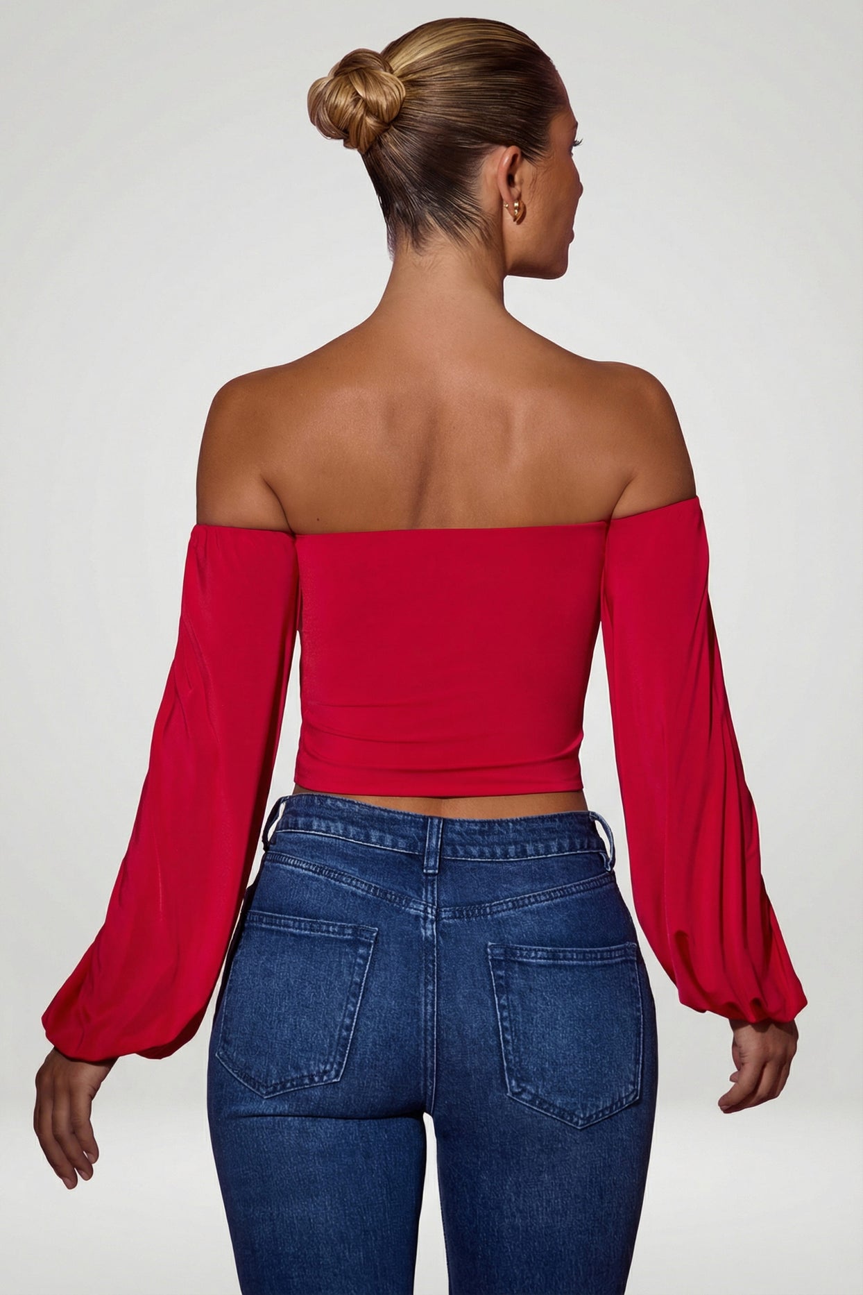 Off-Shoulder Draped Balloon-Sleeve Top in Red - 5