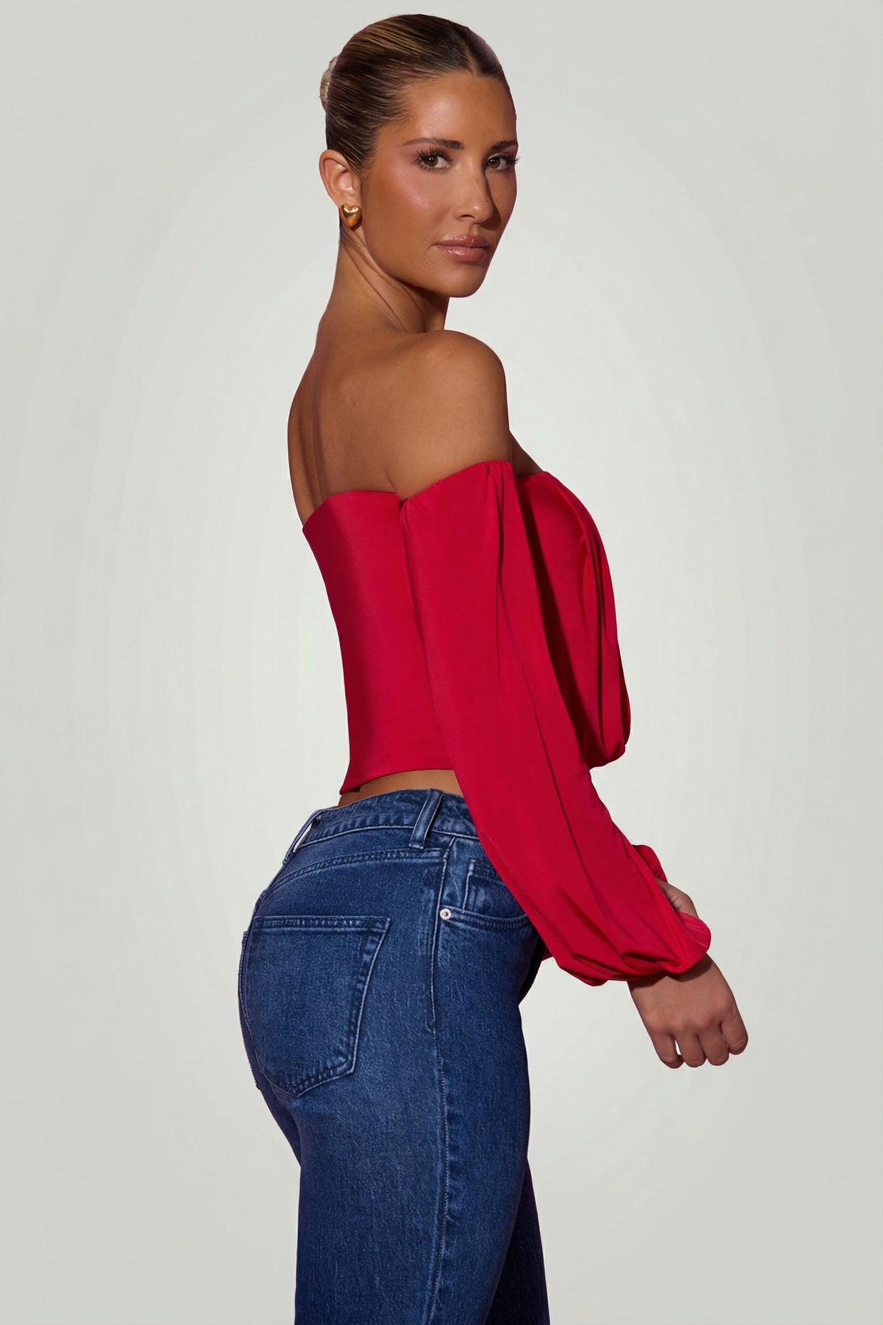 Off-Shoulder Draped Balloon-Sleeve Top in Red - 3