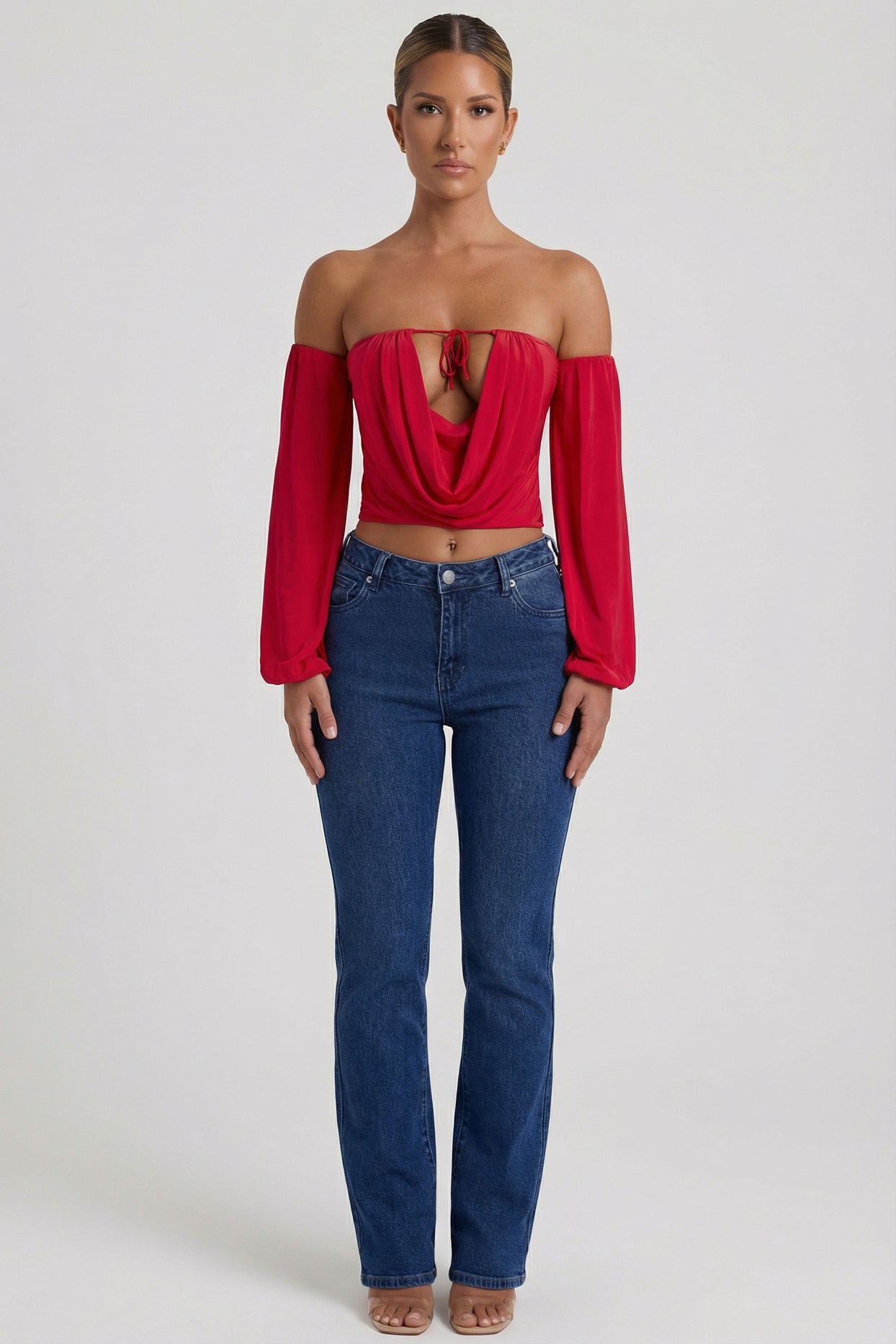 Off-Shoulder Draped Balloon-Sleeve Top in Red - 4