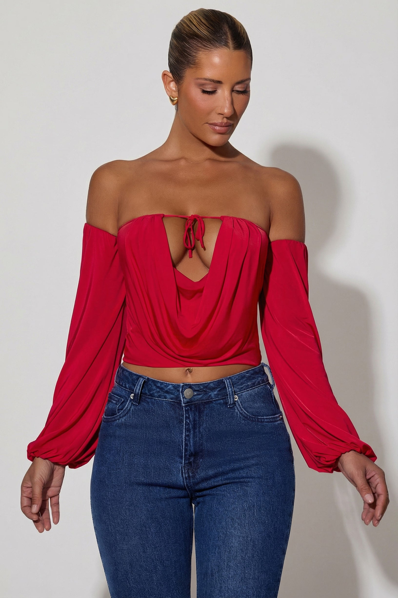 Off-Shoulder Draped Balloon-Sleeve Top in Red - 1