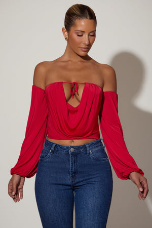 Off-Shoulder Draped Balloon-Sleeve Top in Red