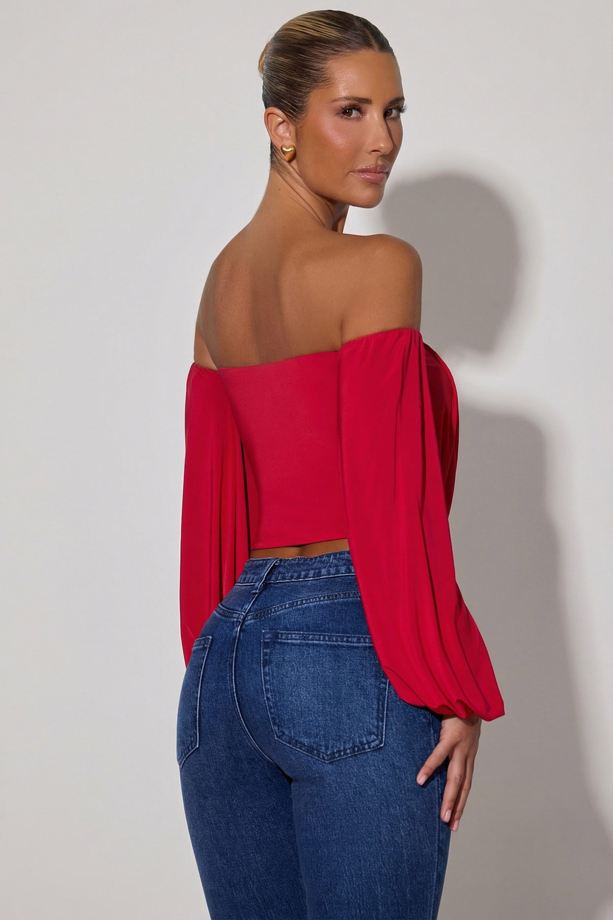 Off-Shoulder Draped Balloon-Sleeve Top in Red - 2