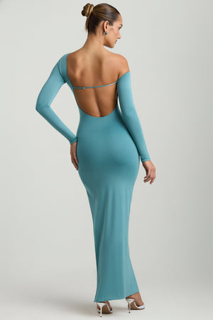 Slinky Jersey Asymmetric Ruched Hardware Detail Maxi Dress in Sea Green