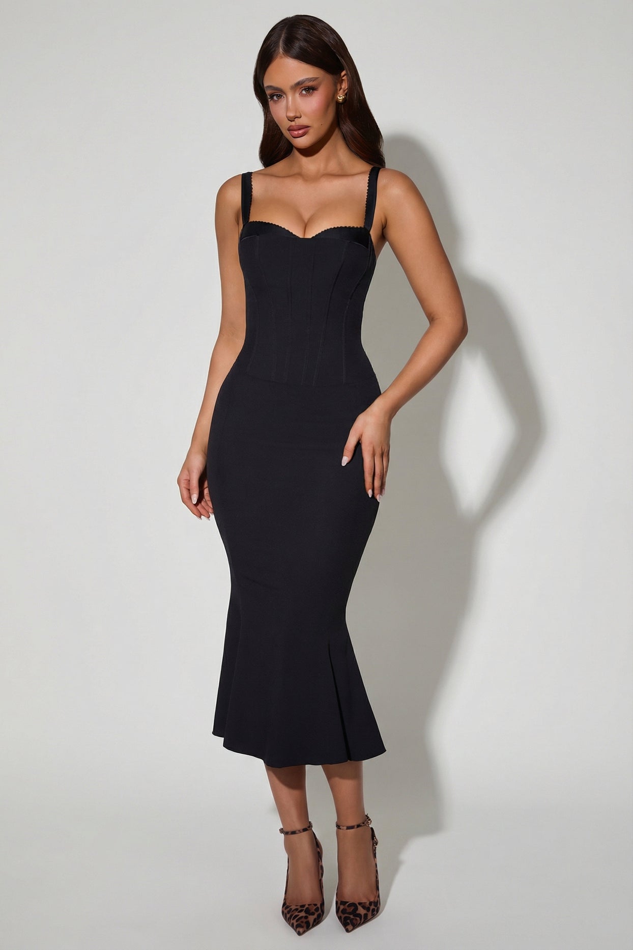 Layered Bra-Detail Fishtail Midaxi Dress in Black - 5