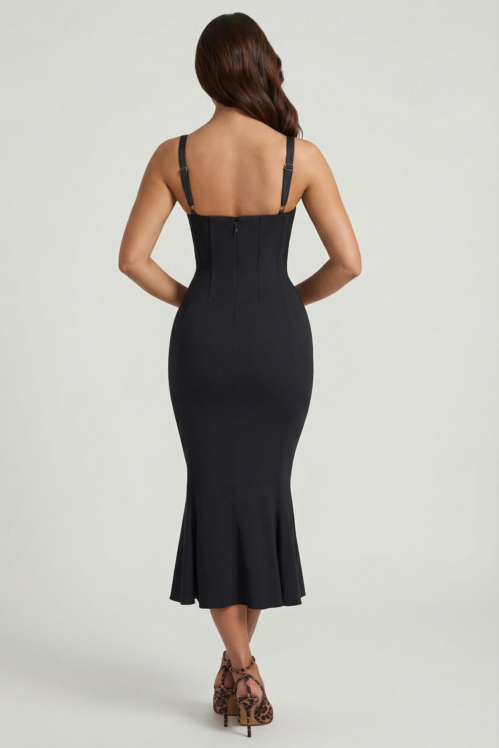 Layered Bra-Detail Fishtail Midaxi Dress in Black - 2