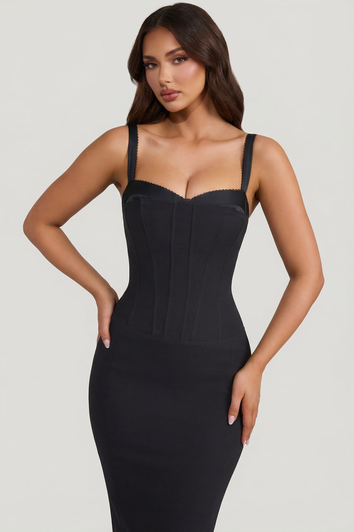 Layered Bra-Detail Fishtail Midaxi Dress in Black - 4
