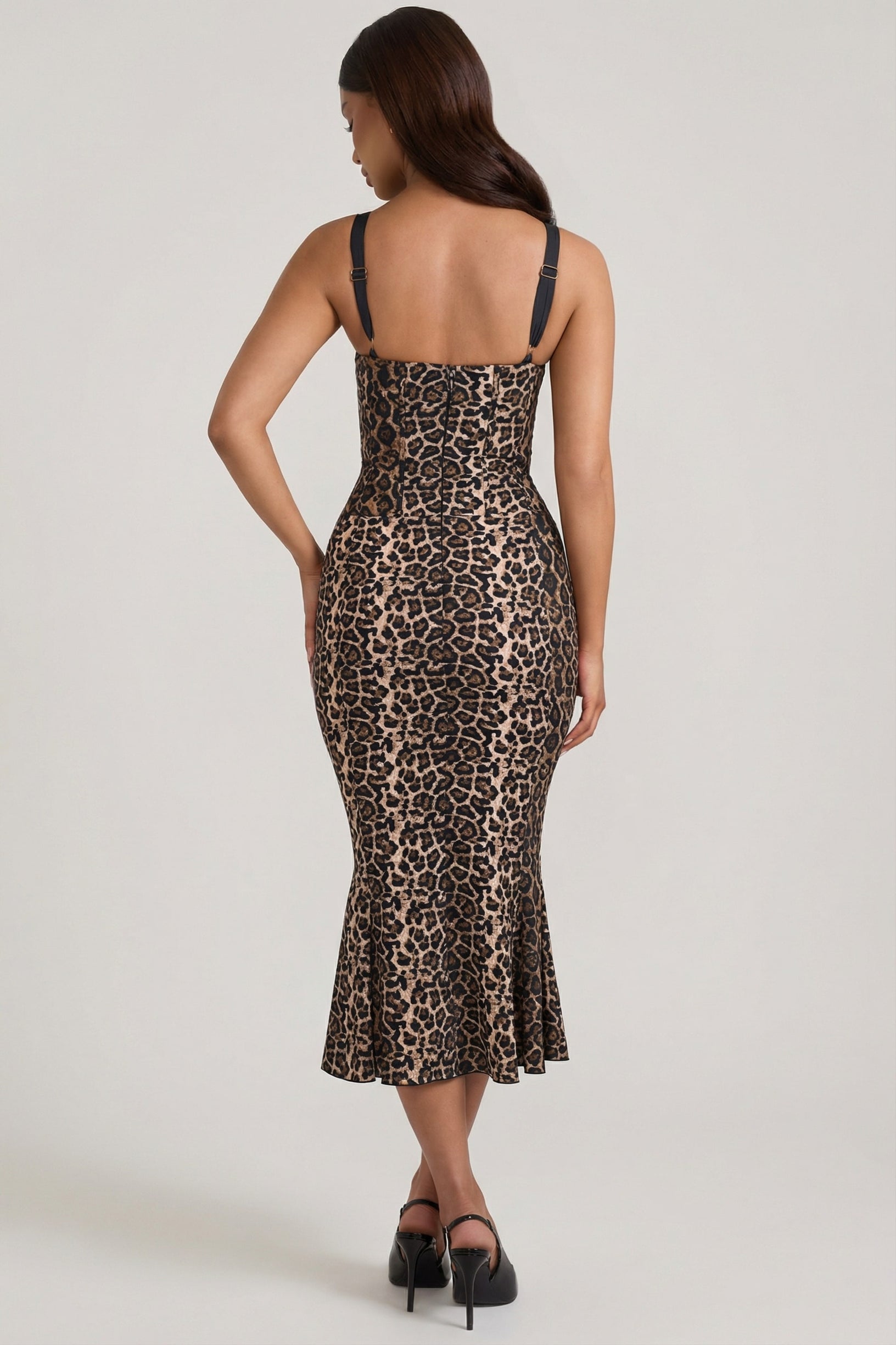 Layered Bra-Detail Fishtail Midaxi Dress in Leopard Print - 2