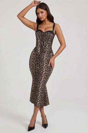 Oh Polly's Ella wearing the Valentina Midaxi Dress in Leopard Stretch Georgette fabric perfect for rooftop gatherings