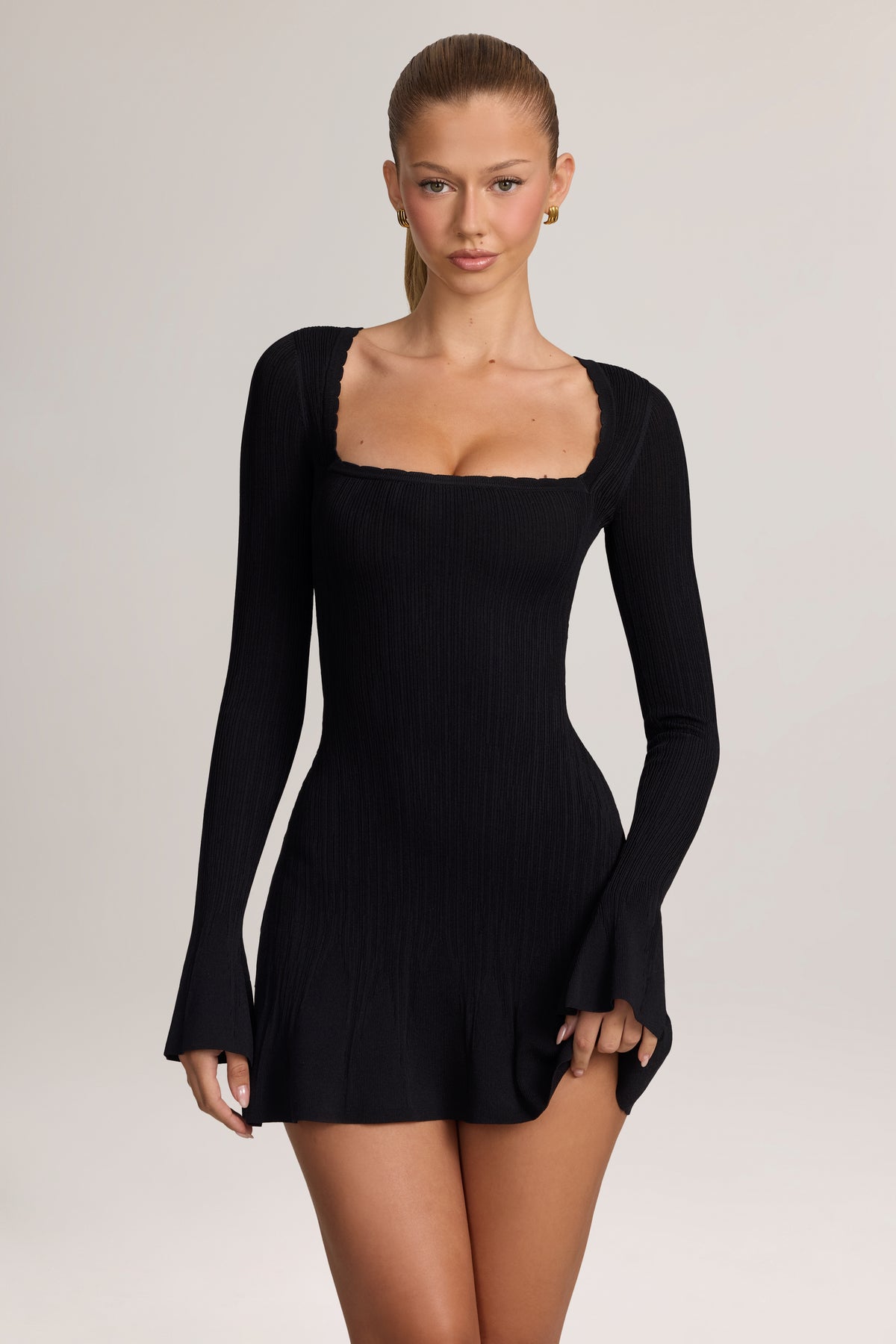 Knit Long-Sleeve Mini Dress in Black - 1