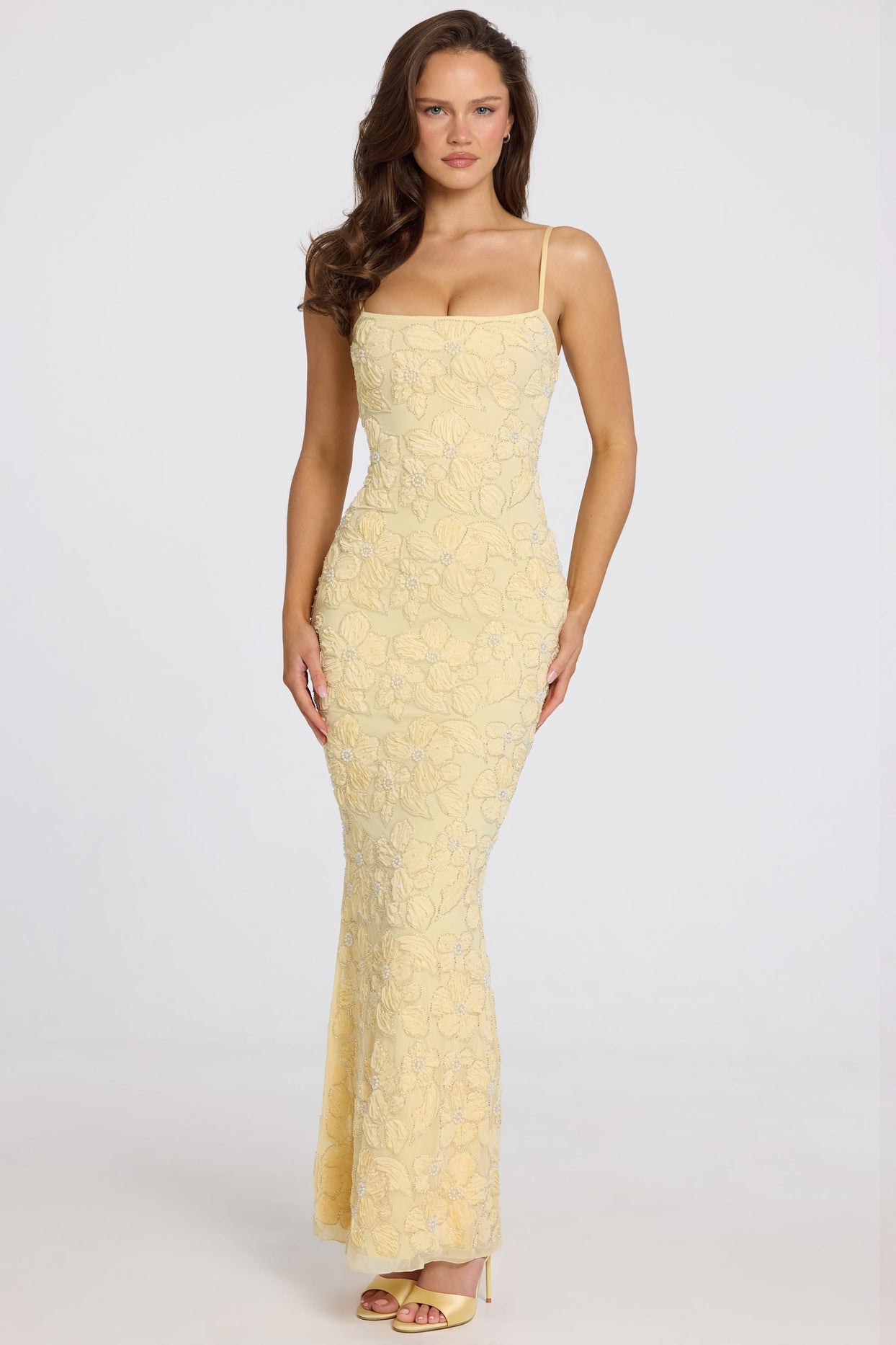 Embellished Square-Neck Maxi Dress in Butter Yellow - 6
