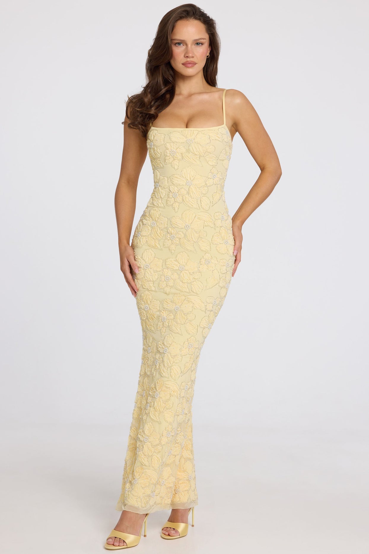 Embellished Square-Neck Maxi Dress in Butter Yellow - 8