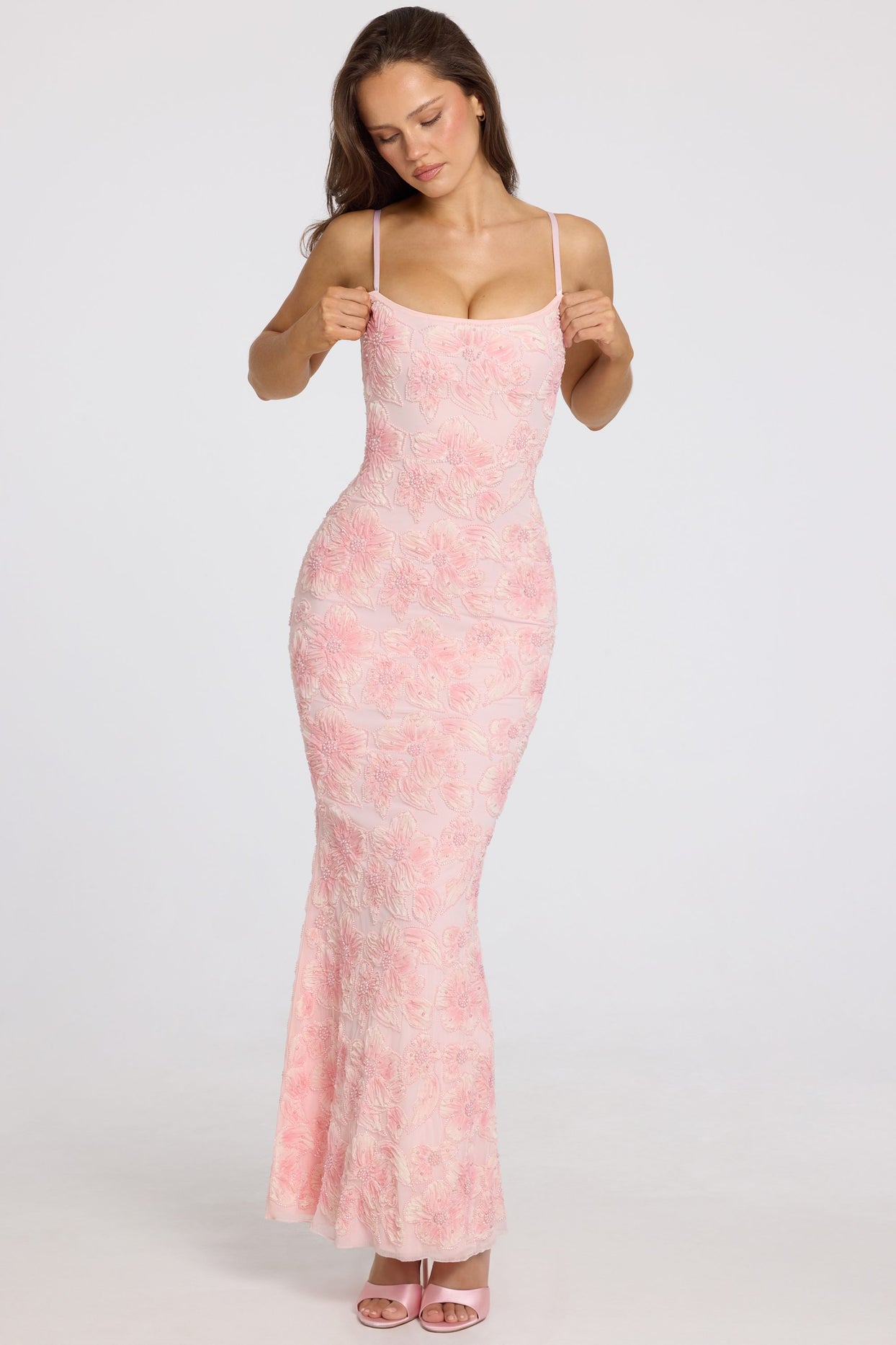 Embellished Square-Neck Maxi Dress in Soft Pink Ombre - 8