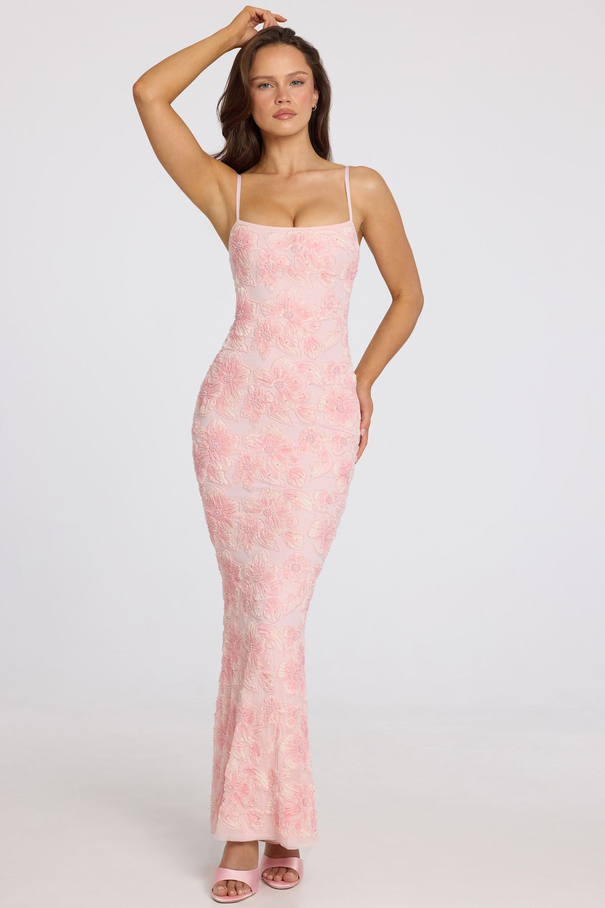 Embellished Square-Neck Maxi Dress in Soft Pink Ombre - 9