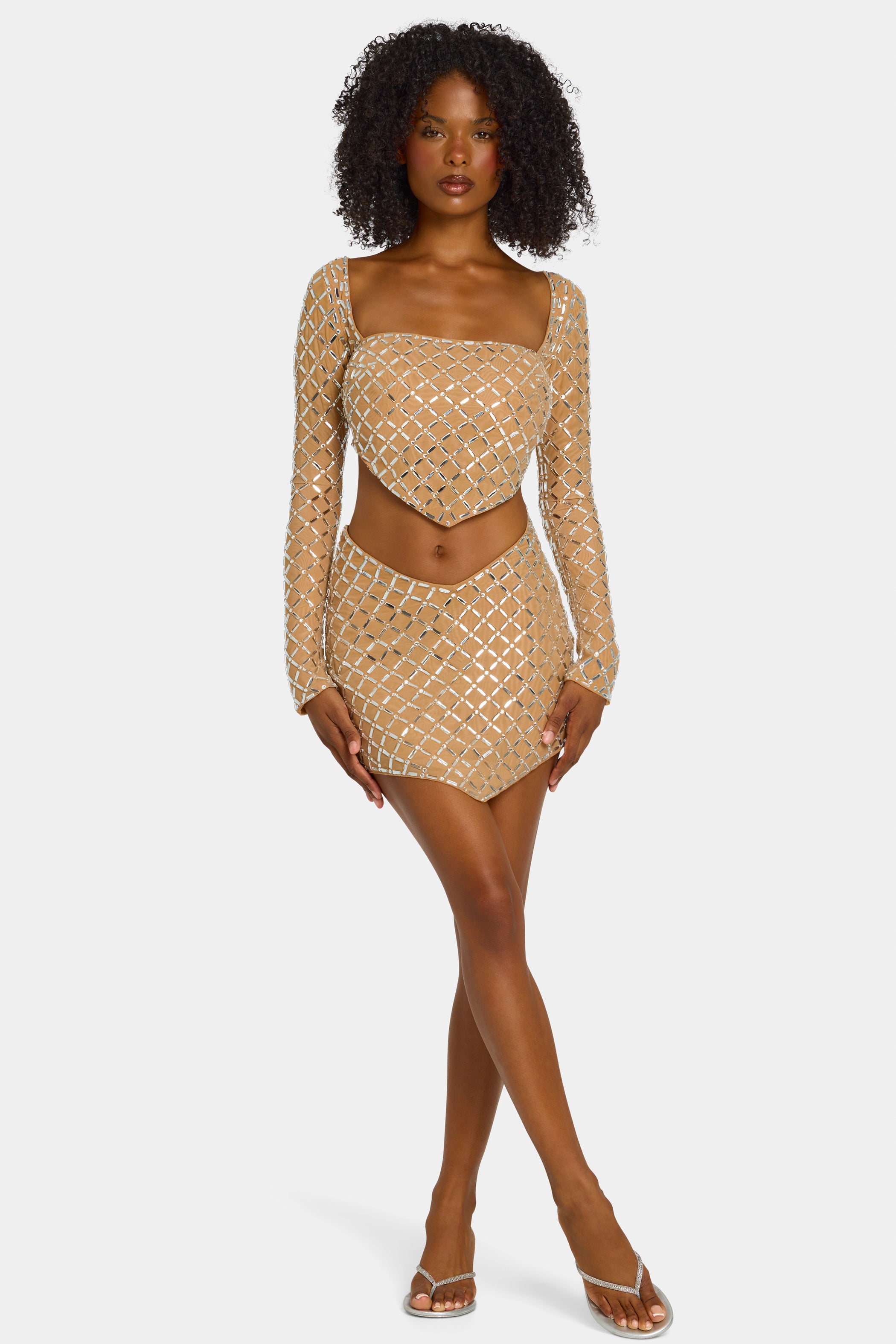 Embellished Asymmetric Mid-Rise Mini Skirt in Honey