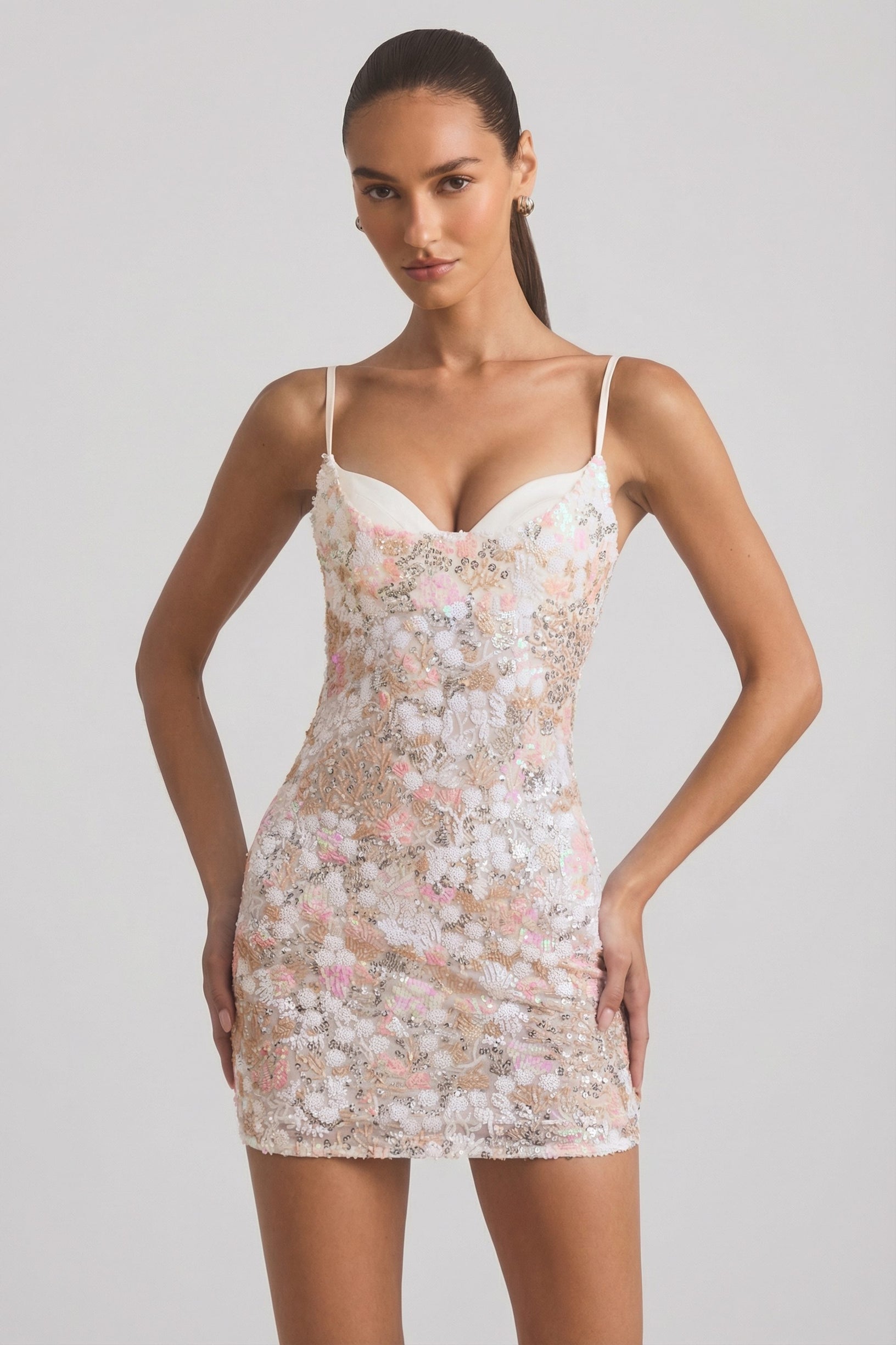 Embellished Camisole Bodycon Mini Dress in Ivory - 1
