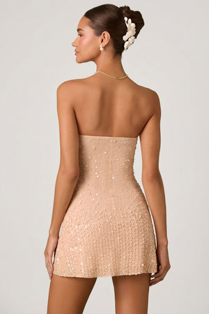 Embellished Sweetheart-Neck A-Line Mini Dress in Apricot