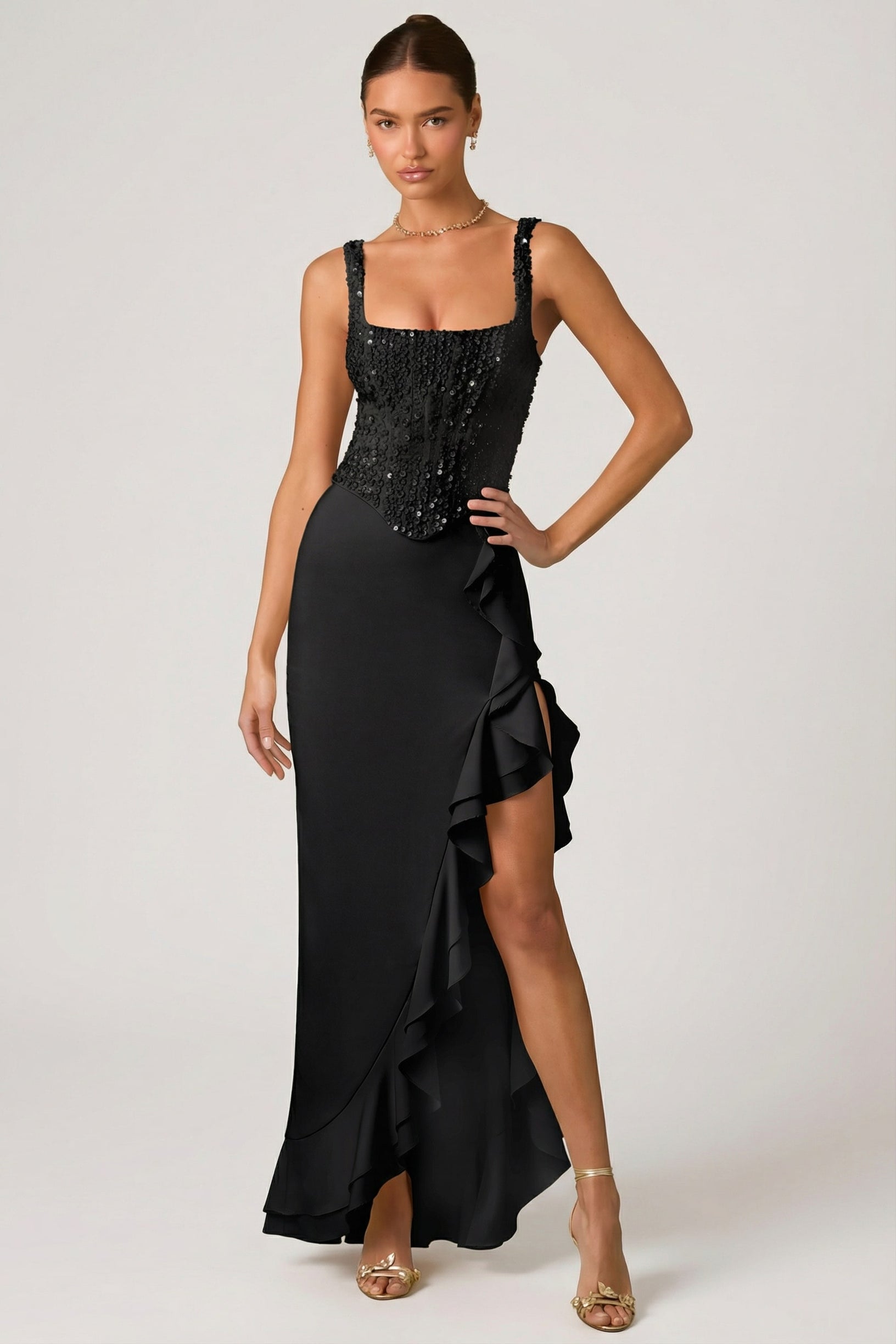 Embellished Ruffle-Trim Corset Gown in Black - 1