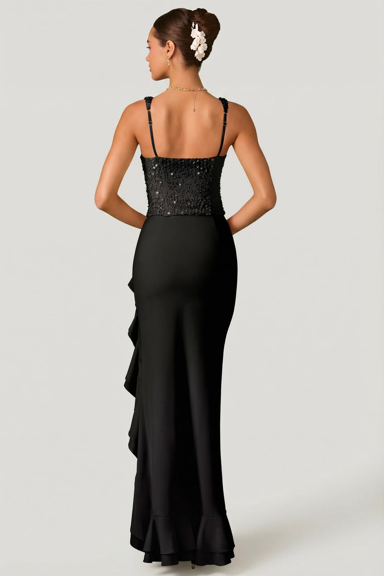 Embellished Ruffle-Trim Corset Gown in Black - 2