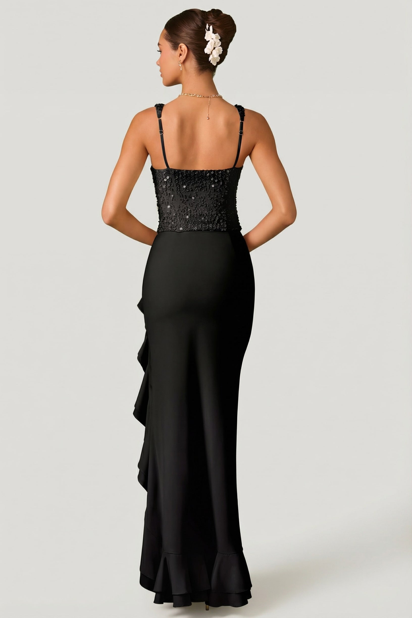 Embellished Ruffle-Trim Corset Gown in Black - 2