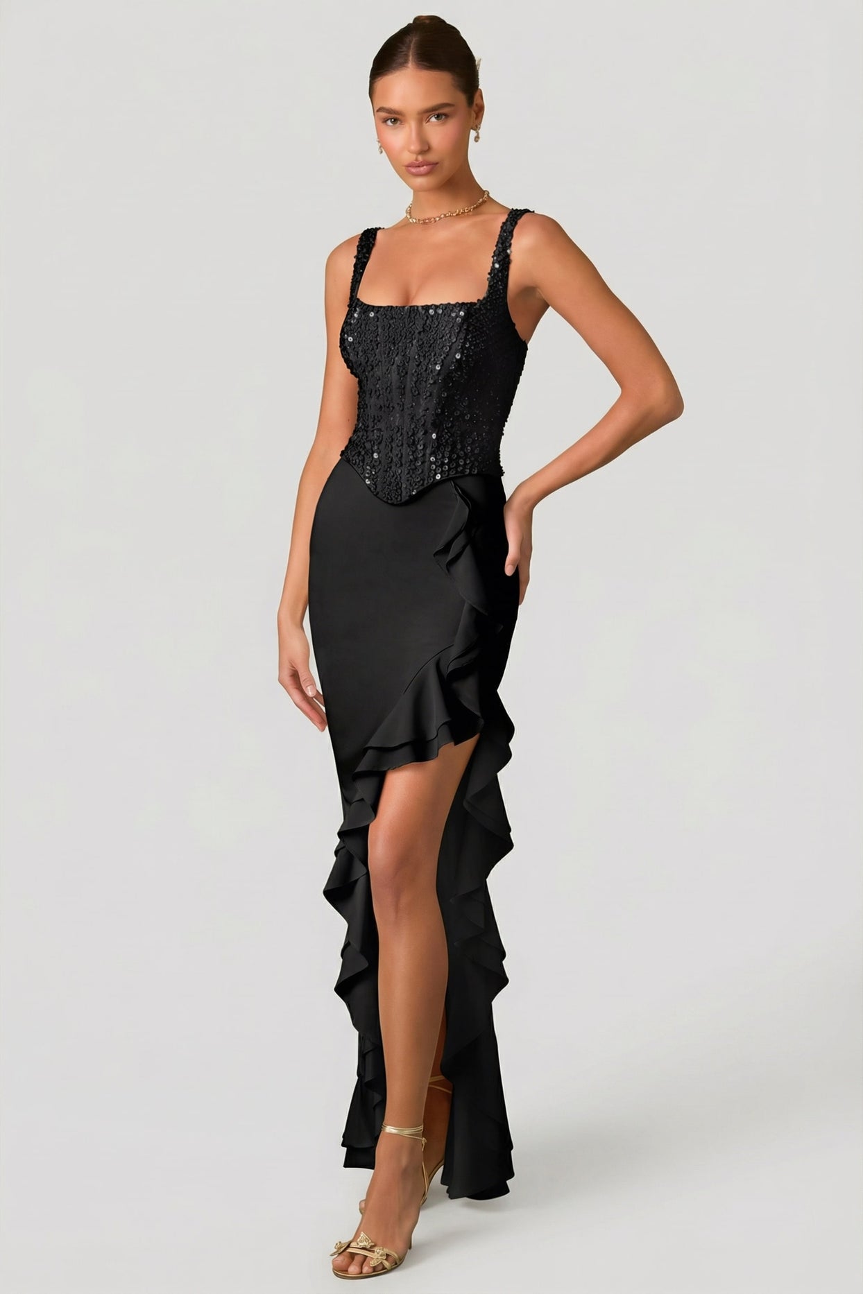 Embellished Ruffle-Trim Corset Gown in Black - 5