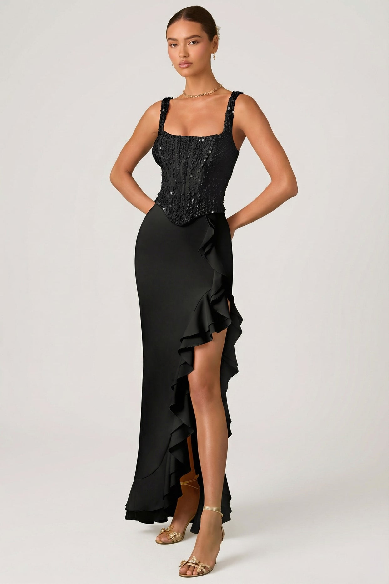 Embellished Ruffle-Trim Corset Gown in Black - 7