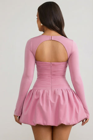 Oh Polly's Ella wearing the Viola Mini Dress in Mauve Sheer Jersey fabric perfect for date night out